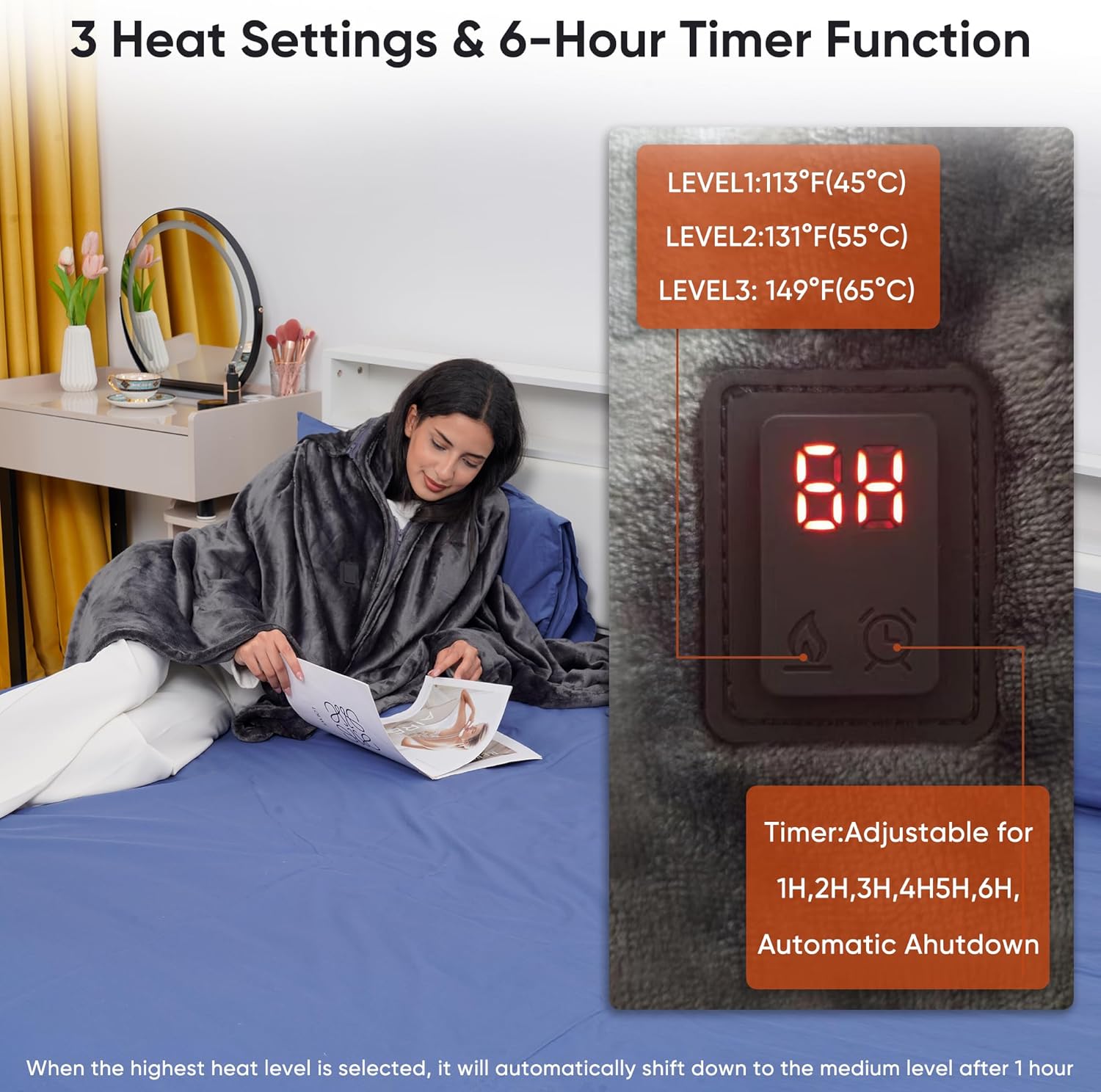 Large 71" x 43" Flannel Heated Blanket Shawl, Includes a Power Banks,11 Heating Zones, 3 Heat Settings, 1–6H Timer, Wearable, Soft & Machine Washable