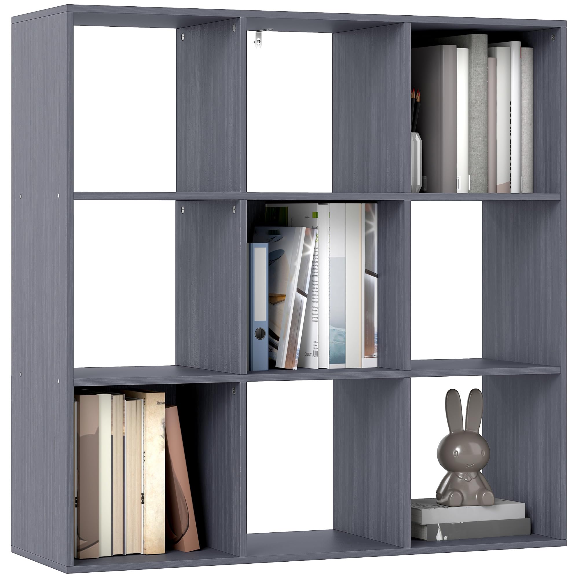 HOMCOM 3 Tier Bookshelf, Modern Cube Bookcase with 9 Open Storage Compartments, Freestanding Display Storage Unit for Living Room, Bedroom, Study, Grey