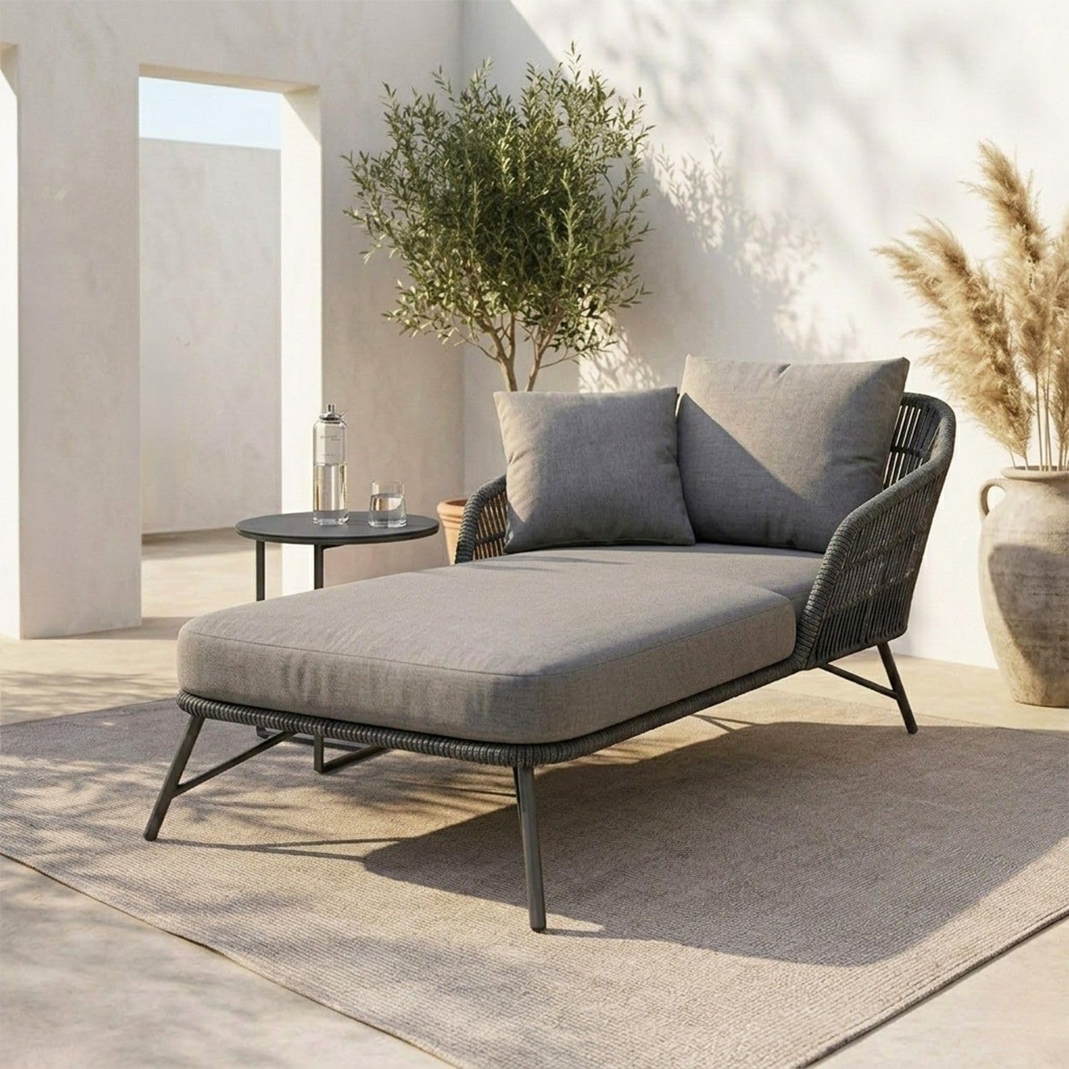 DEVOKO Outdoor Rope Patio Single Seater Daybed All Weather Furniture Set with Table for Garden, Pool, Porch, Lawn (Grey)