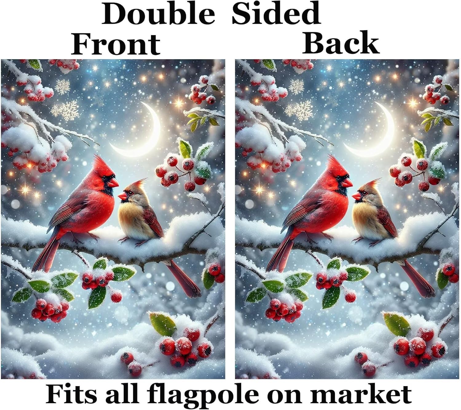 Cardinal Birds on Branch with Berries Moon Snowflakes Beautiful Winer Garden Yard Flag 12"x 18" Double Sided Polyester Welcome House Flag Banners for Patio Lawn Outdoor Home Decor - Image 2