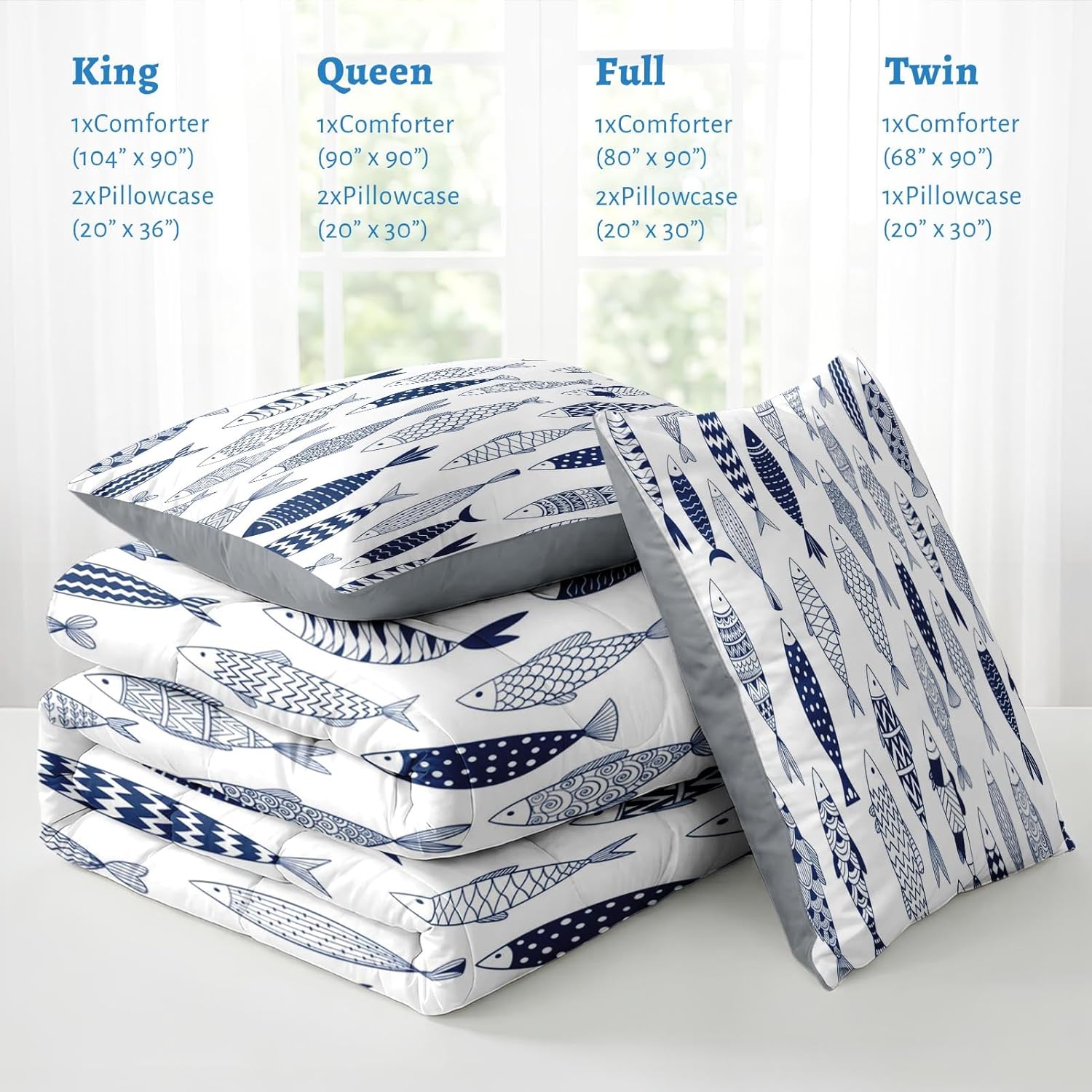 Nesker Full Comforter Set 3 Pcs, Fish Nautical Blue Bedding for Kids and Adults, Coastal Ocean Summer Bed Set for All Season, Comforter with 2 Pillowcases for Bedroom Bed Decor