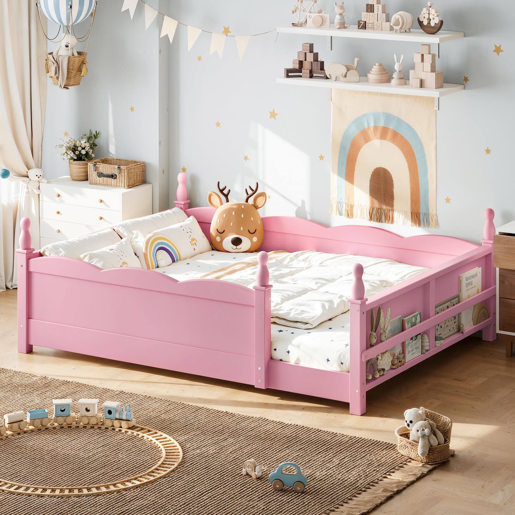 Bellemave Full Size Montessori Floor Bed Frame with High Fence, Solid Wood Kids Floor Bed with Bookshelf, Low Profile Bed for Boys &amp; Girls, Childlike Design,Pink