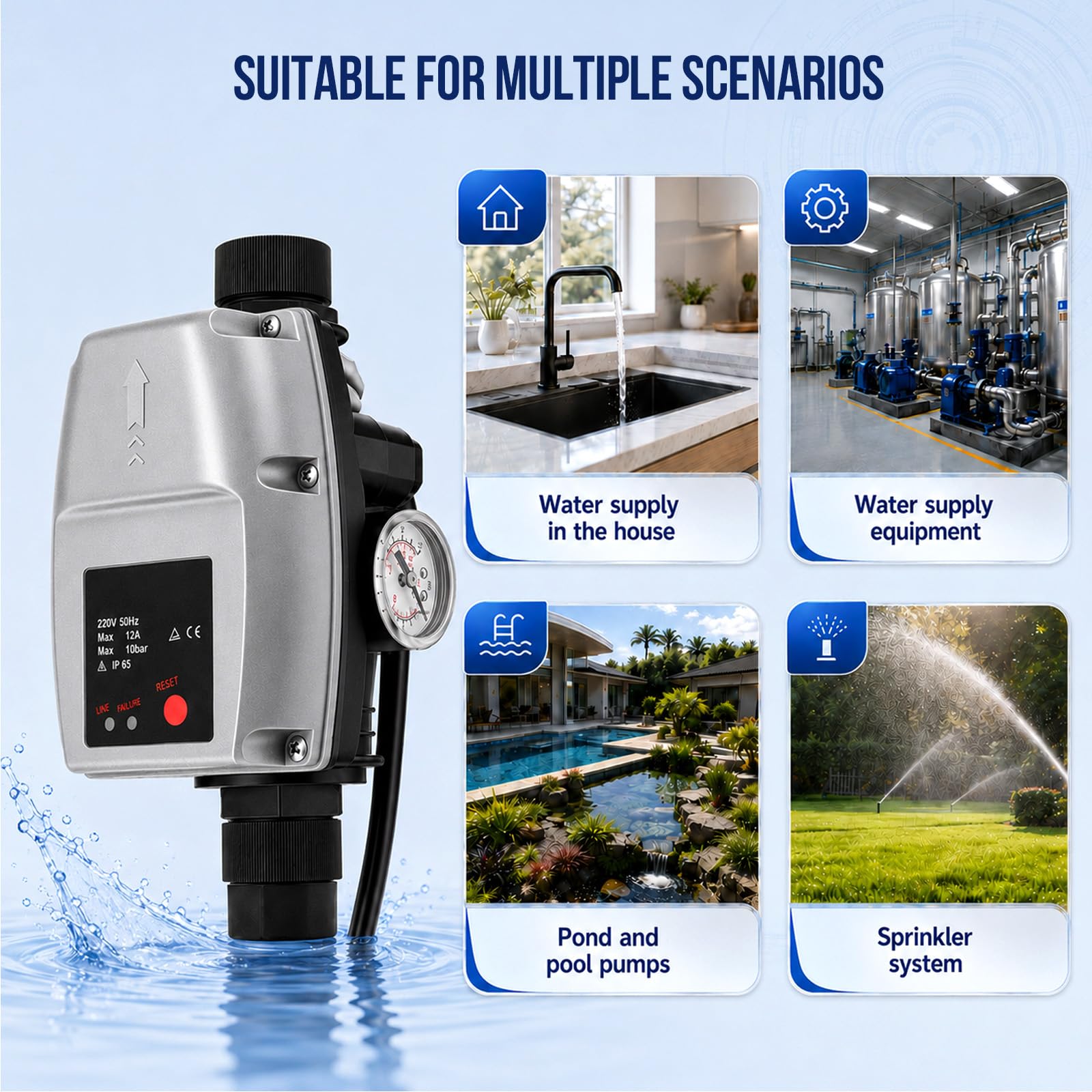 Automatischer Druckschalter Wasserpumpe mit Manometer, Pumpensteuerung Druckschalter einstellbar 10 bar, Druckwächter für selbstansaugende Pumpe, Kreiselpumpe, Gartenpumpe, 1m Kabel