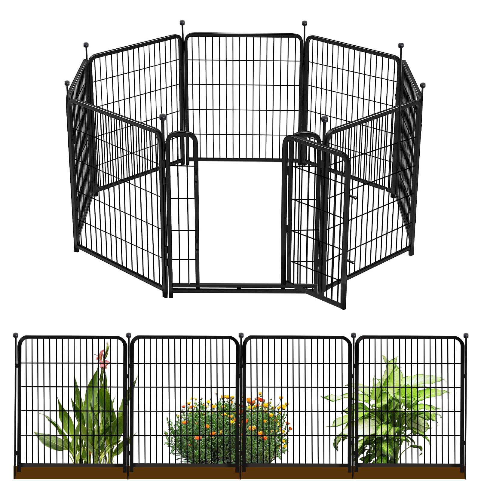 Getlay 32in(H) Decorative Garden Fence with Gate, 8 Panels Total 18 Ft(L) Heavy Duty Iron Animal Barrier Fence for Yard,Suitable for Indoor Pet Fence Or Outdoor Dog Fencing, Garden Border Fence