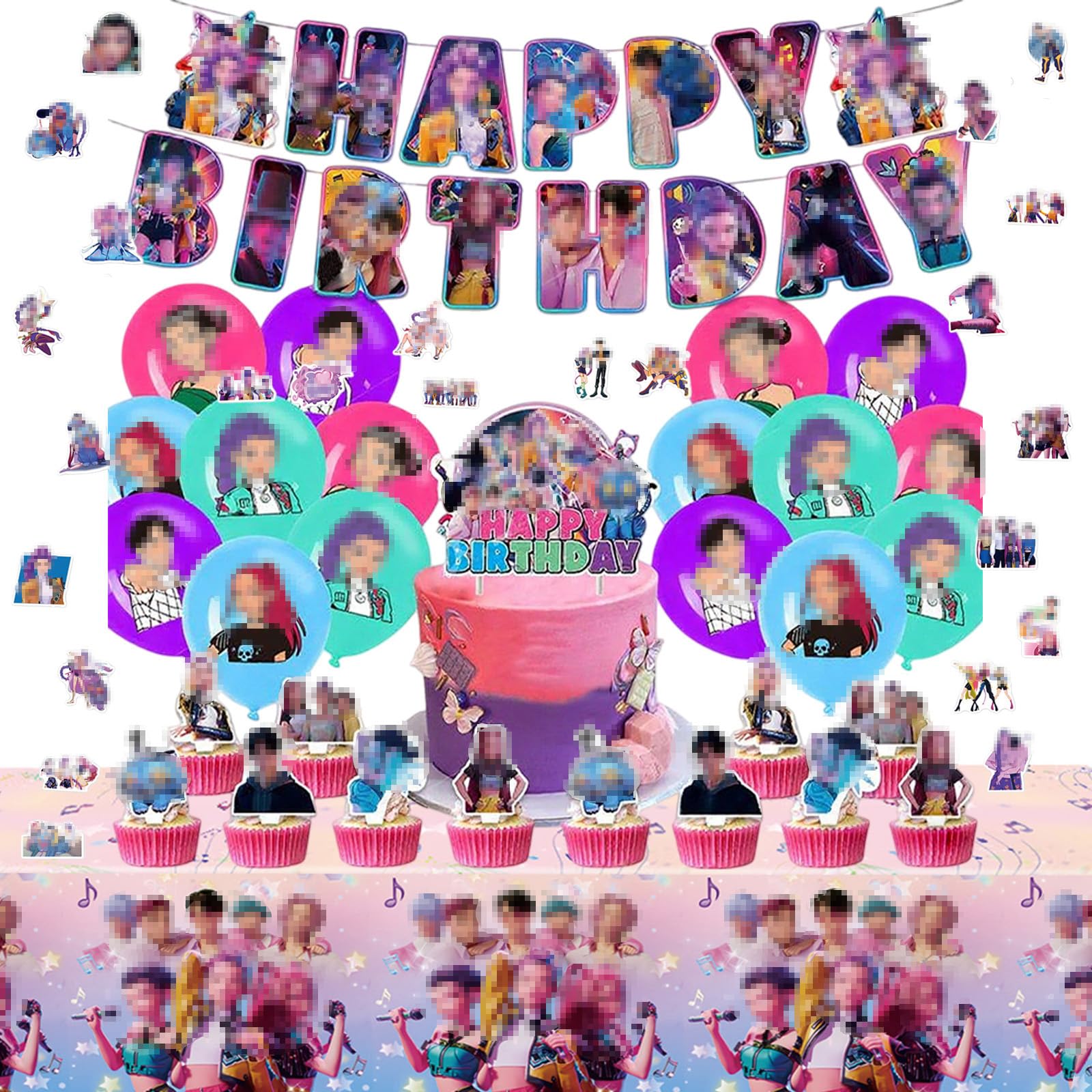 Kpop Birthday Party Decorations, 86 Pcs Anime Devil Theme Party Supplies include Tablecloth, Birthday Banner, Balloons, Cupcake Toppers, Party Hunters Decor Stickers for Kids Boys Girls