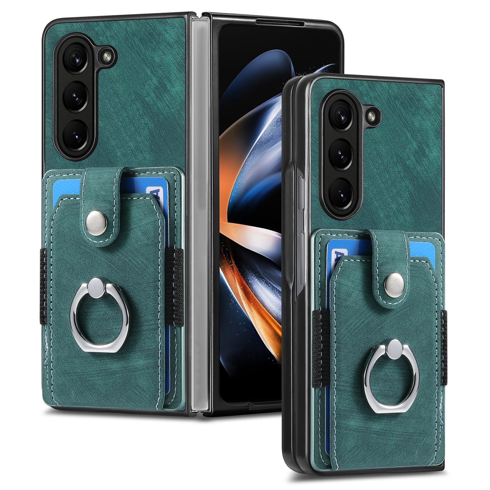 Etui z podpórką do Samsung Galaxy Z Fold 5, kieszeń na karty, wysokiej jakości skóra PU, etui na klucze, zielone