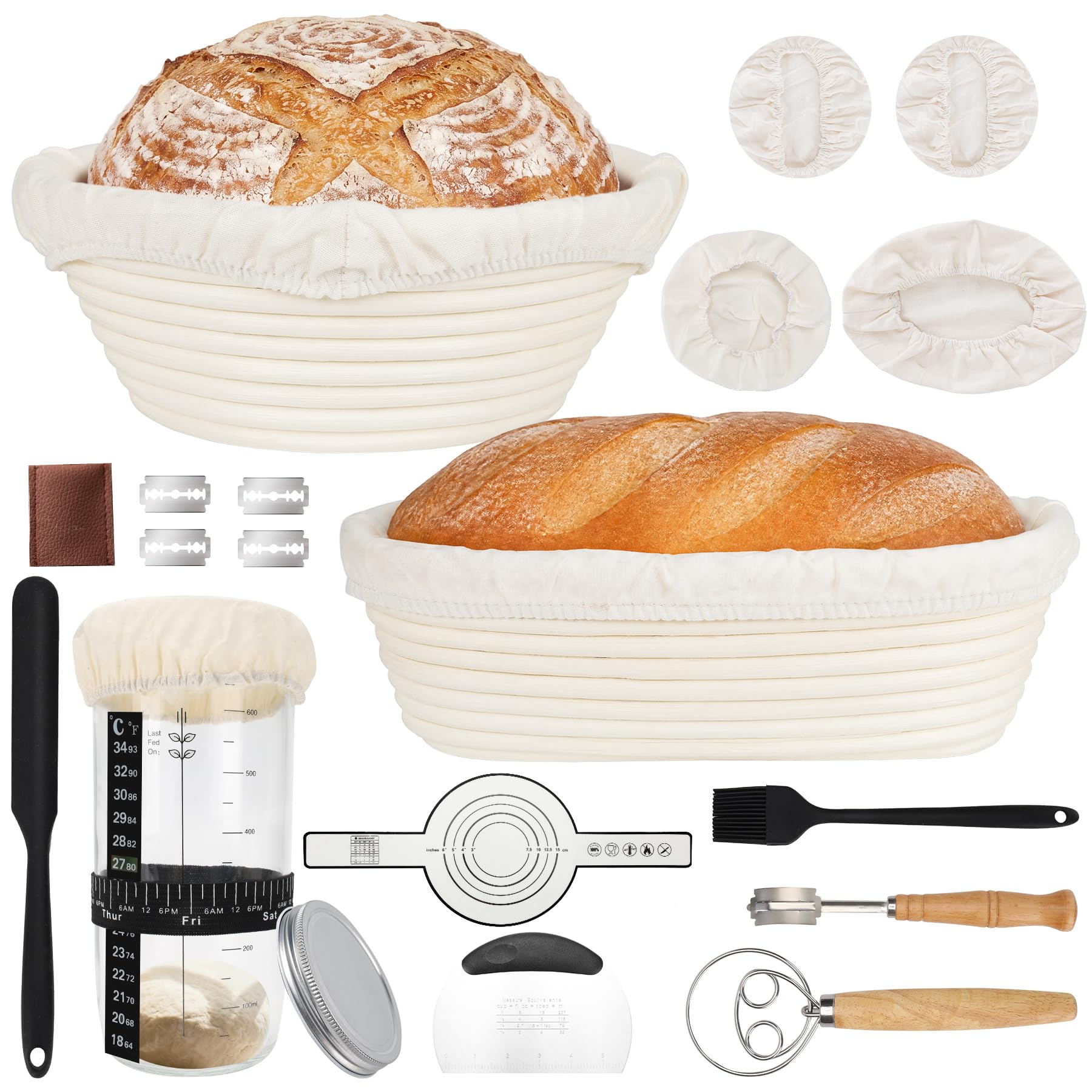 Sourdough Starter Kit Rattan Banneton Basket 10 Inch Round & 12 Inch Oval