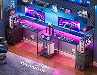 Vista 2 de Escritorio para juegos de 48 pulgadas con luces LED y tomas de corriente, escritorio para computadora con cajones de tela y gancho lateral, mesa