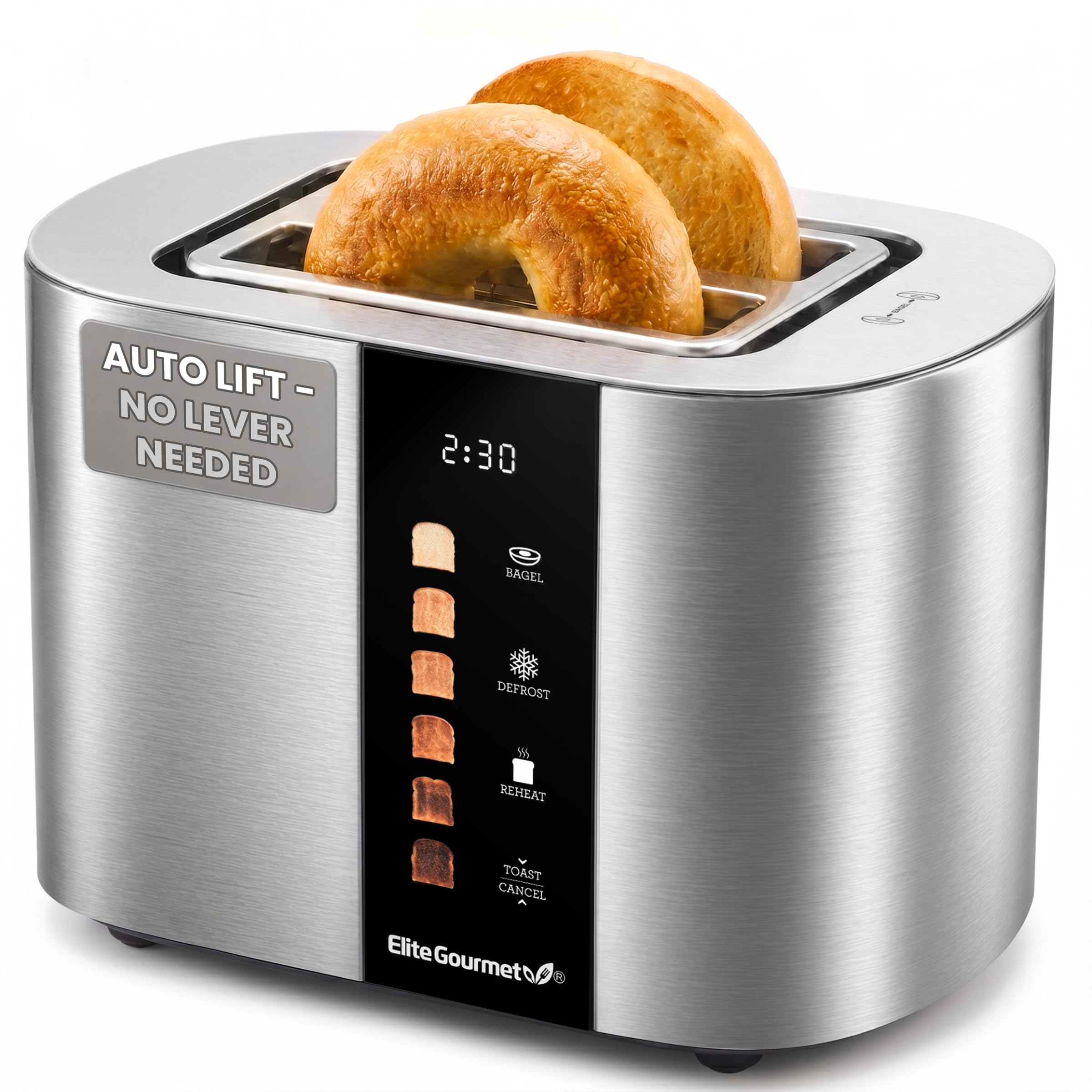 Elite Gourmet 2-Slice Motorized Toaster, No-Lever Touchscreen, Extra-Wide