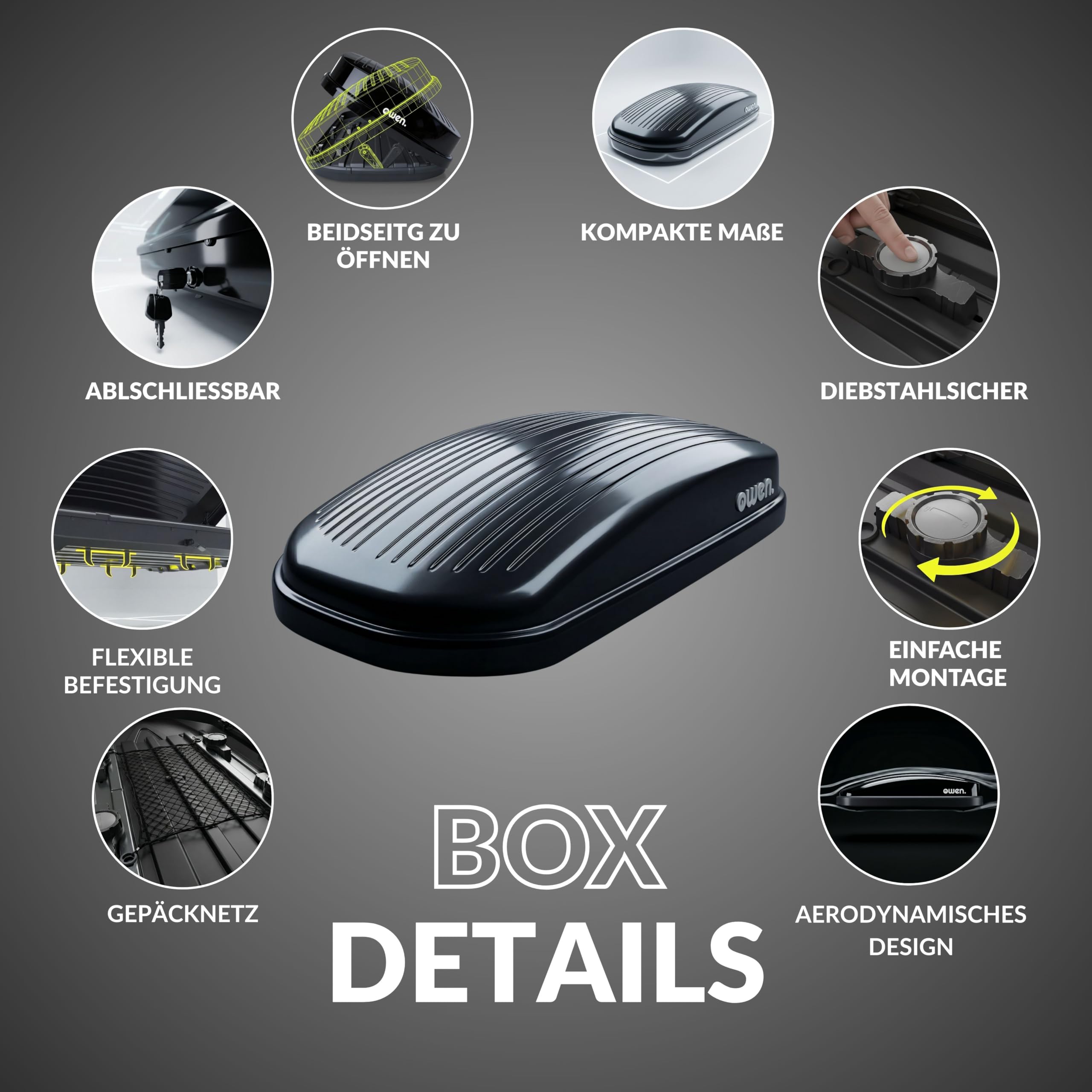 Owen Dachbox Auto 320L | 75kg Zuladung | Premium Hartschale Schwarz Glänzend | Aerodynamische Gepäckbox mit Schnellspanner (Fast Clamp) & Beidseitiger Öffnung | Robustes Material | Abschließbar