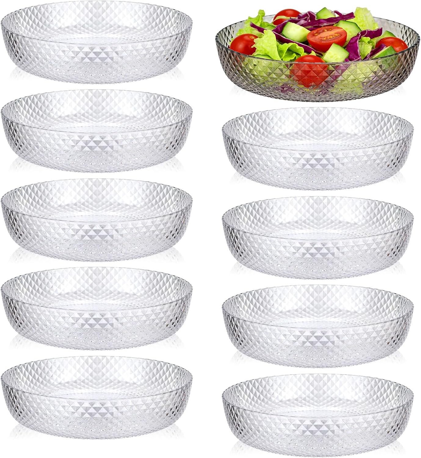 6 Pack Clear Plastic Serving Bowls 10 Inch Large Elegant Diamond Pattern Salad Mixing Bowl Plastic Buffet Serving Bowls for Vegetable Fruit Salad Candy Chip Popcorn Snack(Crystal)