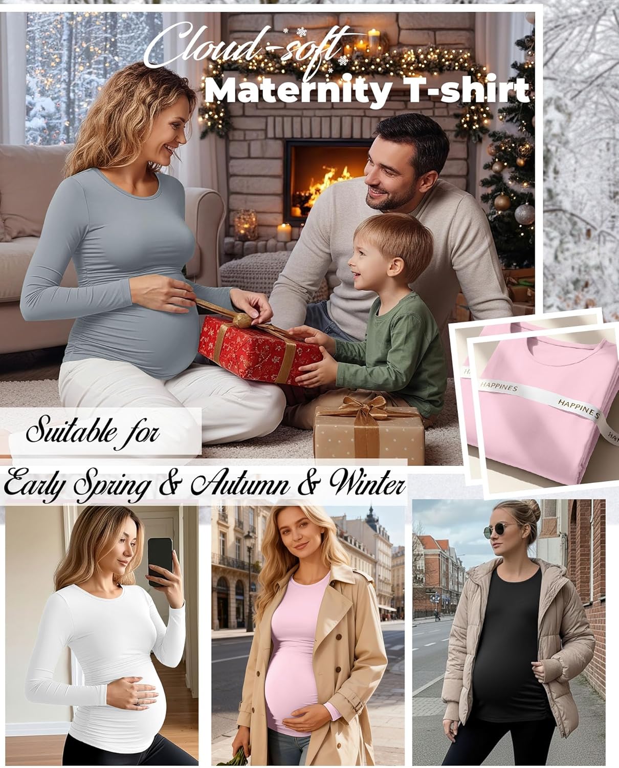 Huukeay 4 Pack Women's Maternity T Shirts, Long Sleeve Side Ruched Pregnancy Top Crew Neck Bodycon Shirts Casual Mama Clothes - Image 3