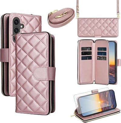 Asuwish Phone Case for Samsung Galaxy S24 FE 5G Wallet Cover with Tempered Glass Screen Protector Strap Card Holder Slot Stand PU Leather Flip Cell Magnetic Zipper S 24 EF S24FE 24S Women Girls Pink