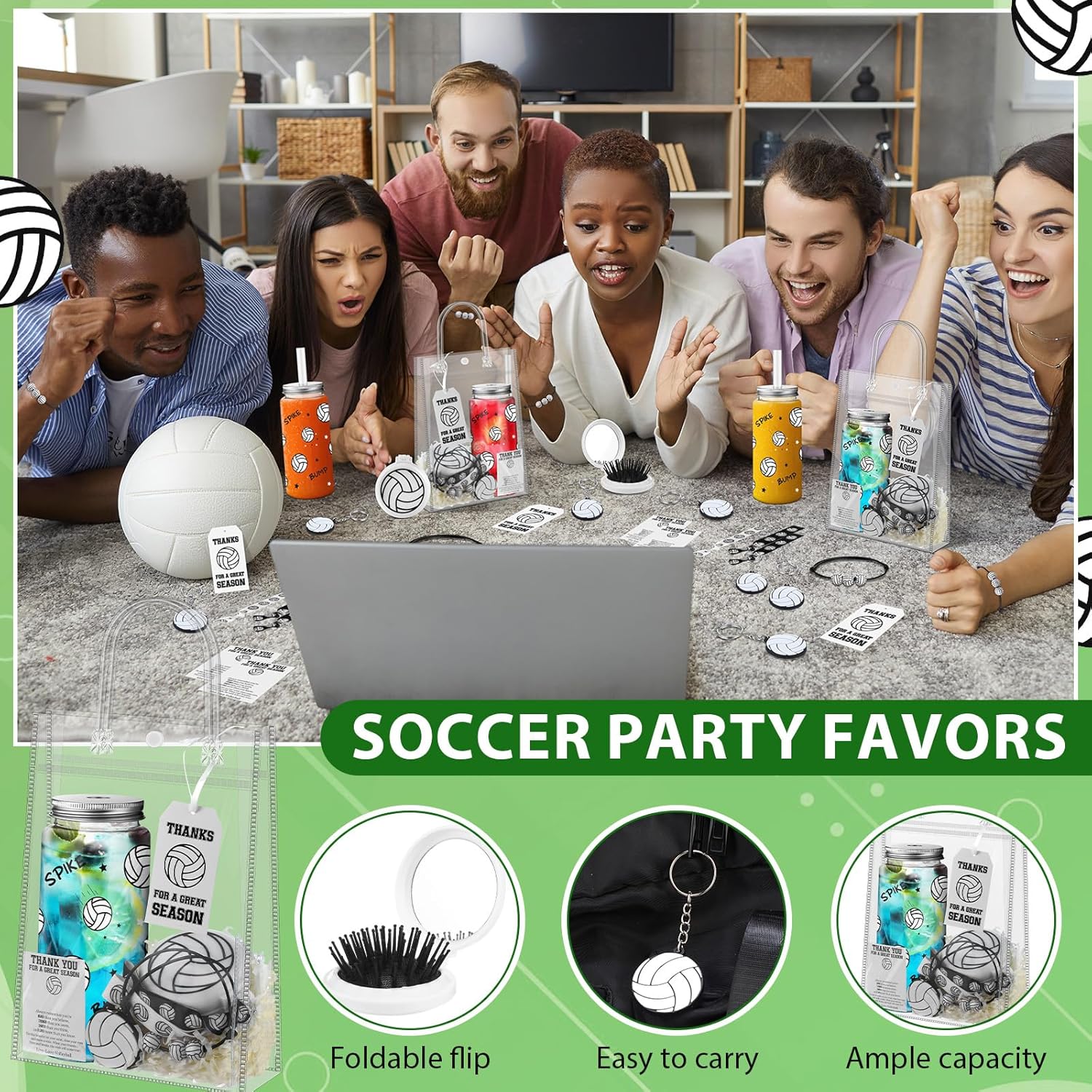 97 Pcs Volleyball Party Favor Set, Plastic Bottles Adjustable Bracelet Folding Mirror Brushes Rubber Keyrings Hair Ties Motivational Cards Gift Bag Thank You Tag for Season Sport Theme Supply