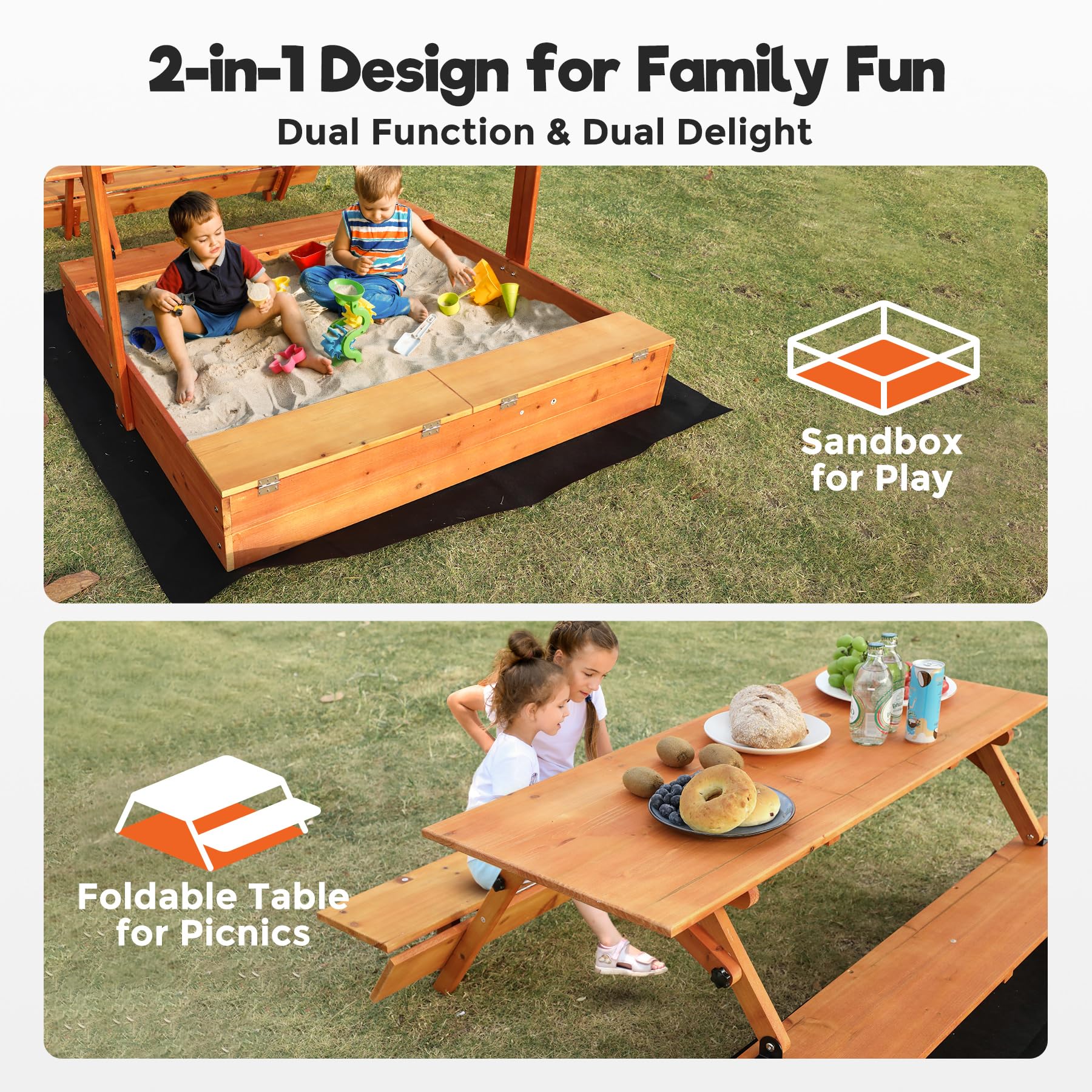 Amazon.com: FUNTOK 76''x45''x45'' Kids Wooden Sandbox with Picnic