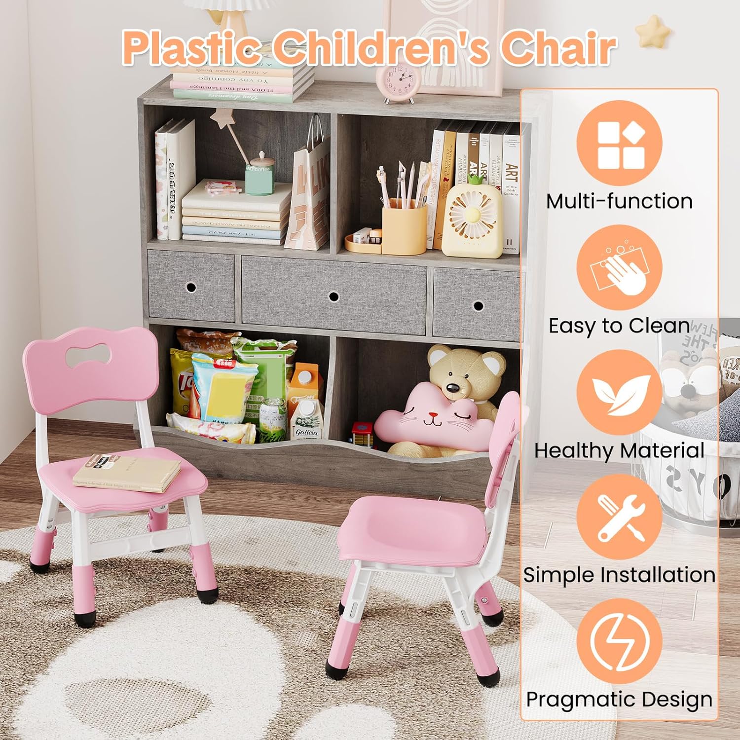 Kids Chairs - 3 Level Height Adjustable Plastic Preschool Chairs with Non-Slip Pads, Max Load 180 Lbs, Durable, Lightweight Nursery Seats for Daycare, Classroom & Home Use, 2 Pack