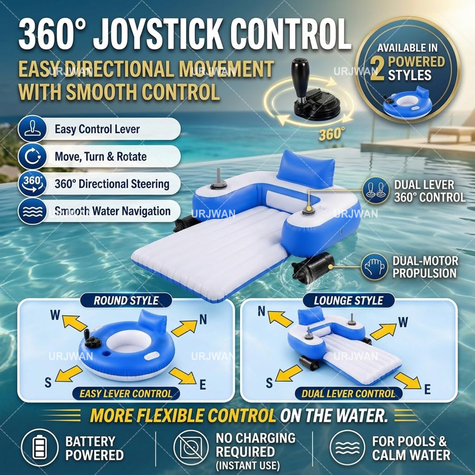 Galleggiante Elettrico per Piscina, Lettino Gonfiabile con Sterzo A 360°, Sdraio Ricaricabile per Adulti con Porta Bicchiere, Materasso Comodo per Fiume, Lago E Spiaggia A