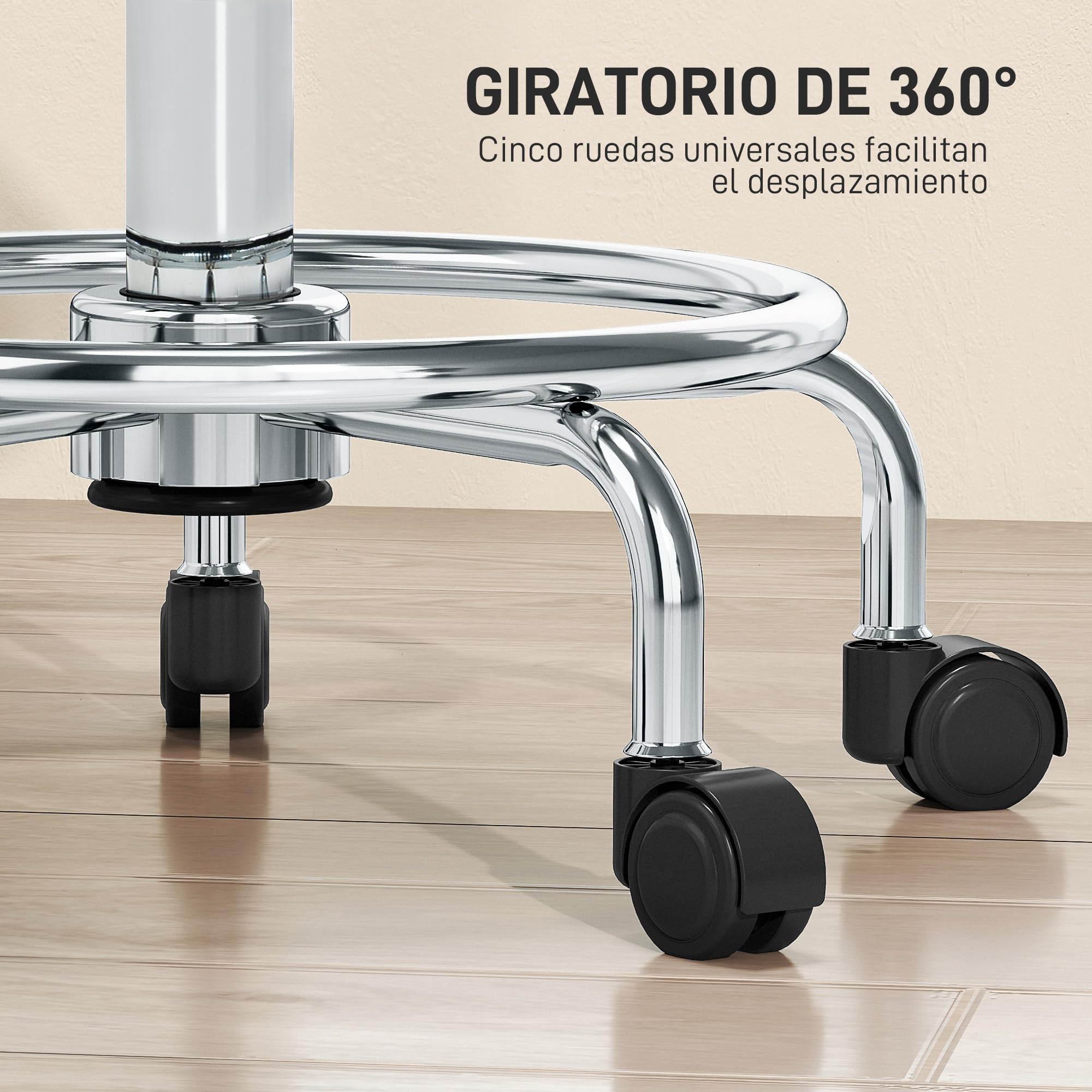 HOMCOM Taburete Giratorio Taburete con Ruedas Altura Regulable 50-66 cm Asiento Tapizado de Cuero Sintético Reposapiés para Salones y Talleres Blanco