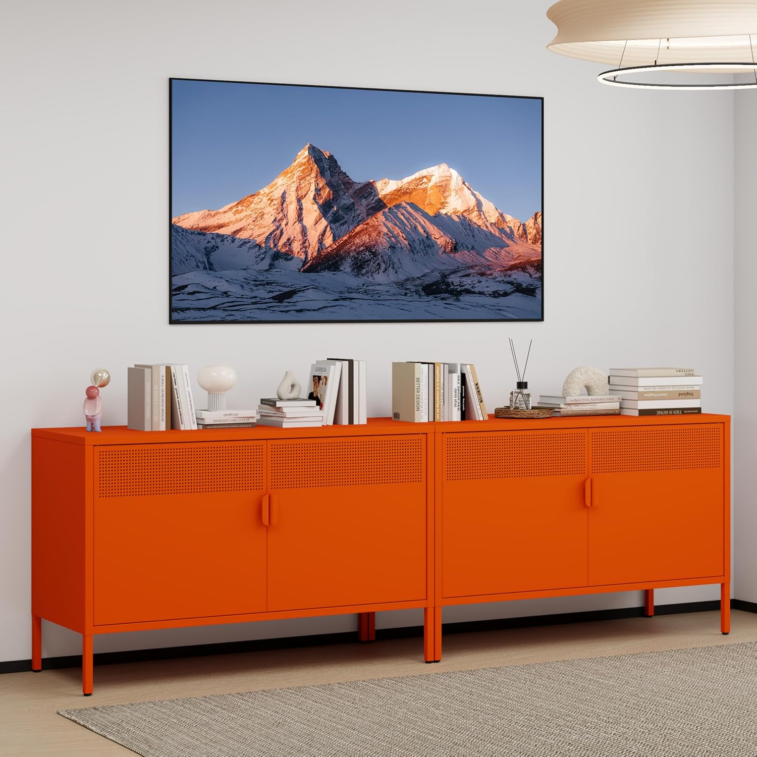 Metal Storage Cabinet with 2 Doors & Adjustable Shelves, 25" H Orange Accent Cabinet, Metal Locker Storage Cabinets, Tv Stand Cabinet for Home, Office, Living Room, Entryway