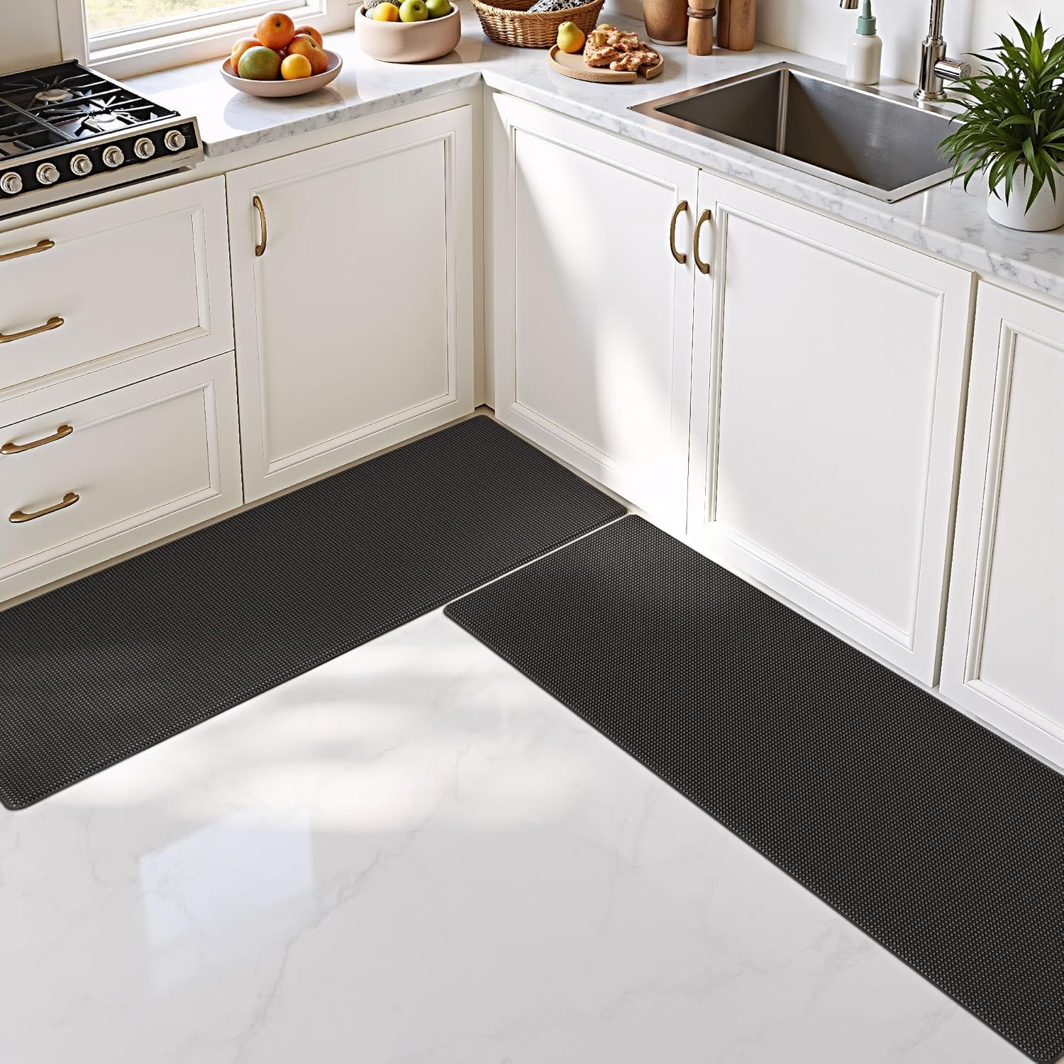 Color G 2 Piece Kitchen Mats Rug Set, Anti Fatigue Standing Mat Area Rugs Waterproof Leather, Non-slip, Oil Resistant Floor Mats for Kitchen, Office (44 x 150 cm + 44 x 150 cm, Black) โ image 1