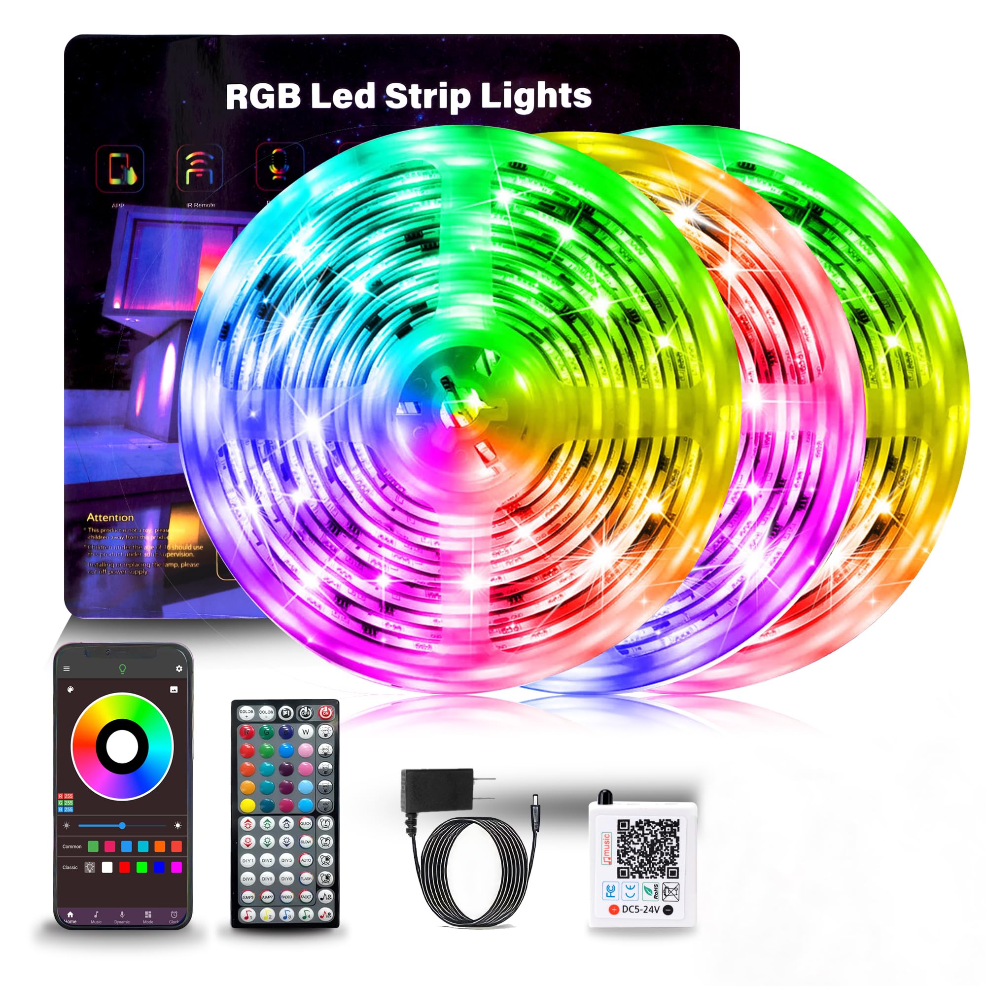 NBBUFF Led Lights for Bedroom 300FT(3 Rolls of 100ft) Music Sync Color Changing RGB Led Strip Lights with 60 Keys Remote and App Control, Led Lights