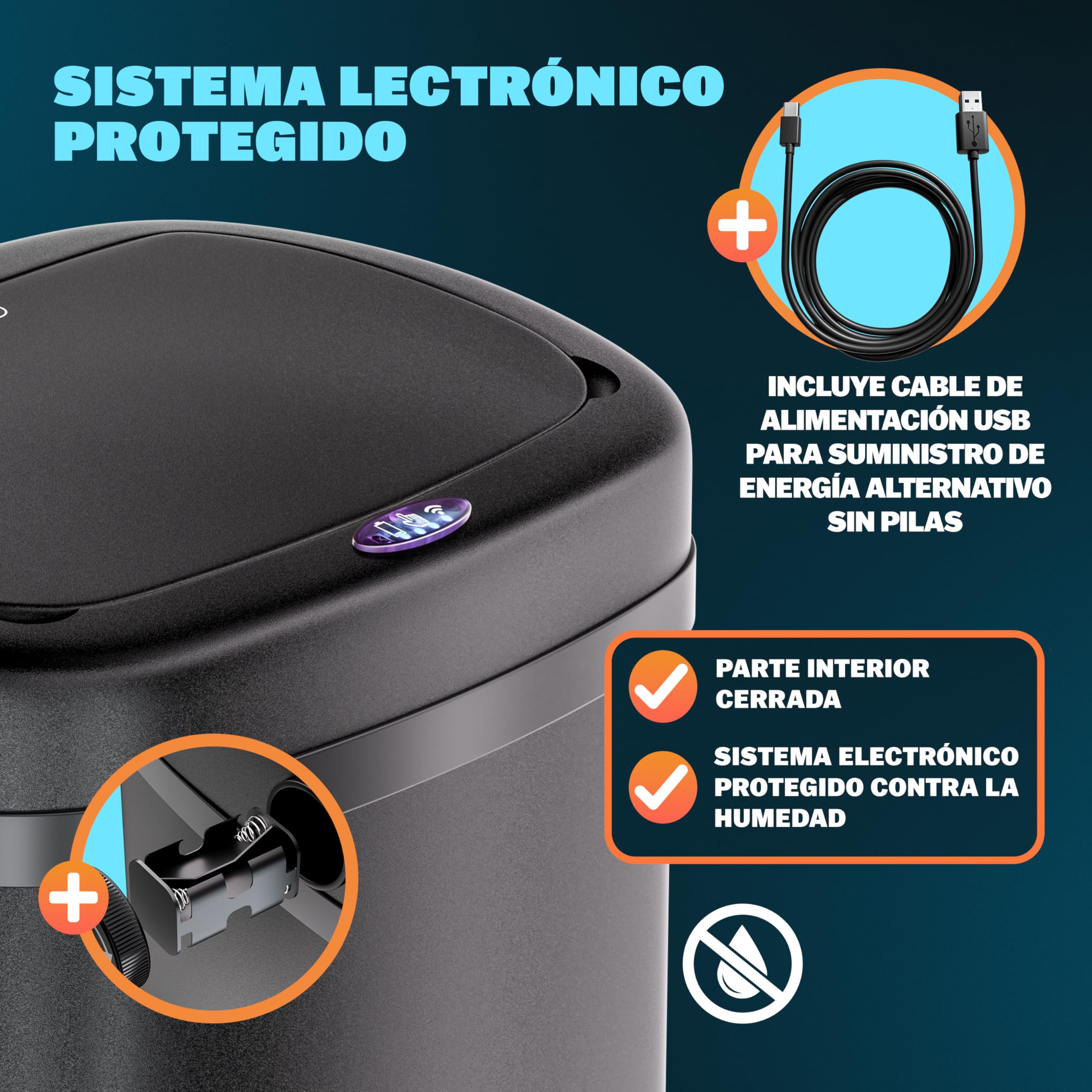 Monzana® Cubo de Basura Sensor Cocina 50L Acero Inoxidable Tapa Automática Extraíble Anillo Seguridad incl. Cable USB Indicador LED Casa Oficina Negro