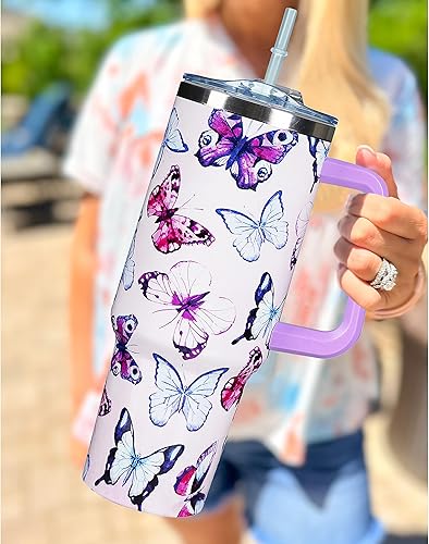 Miniatura 2 de Vaso de 40 onzas con asa de 40 onzas con diseño de mariposa morada con tapa, popote con doble aislamiento, taza de café de viaje, regalo de mariposa