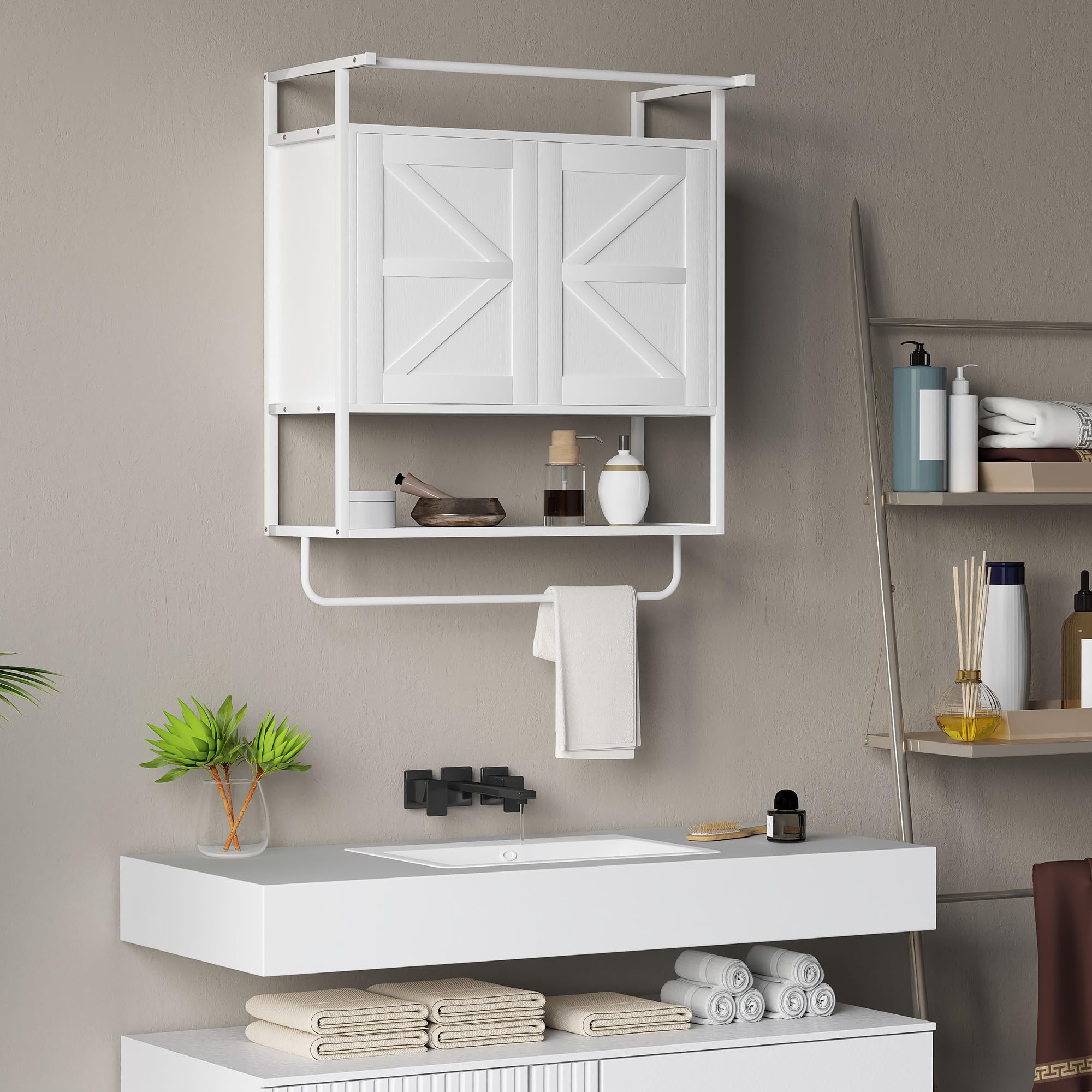 HOMCOM Armario de Pared para Baño Multiusos Armario Colgante de Almacenamiento Mueble de Baño Suspendido con Estante Toallero 2 Puertas 63x34x75 cm Blanco