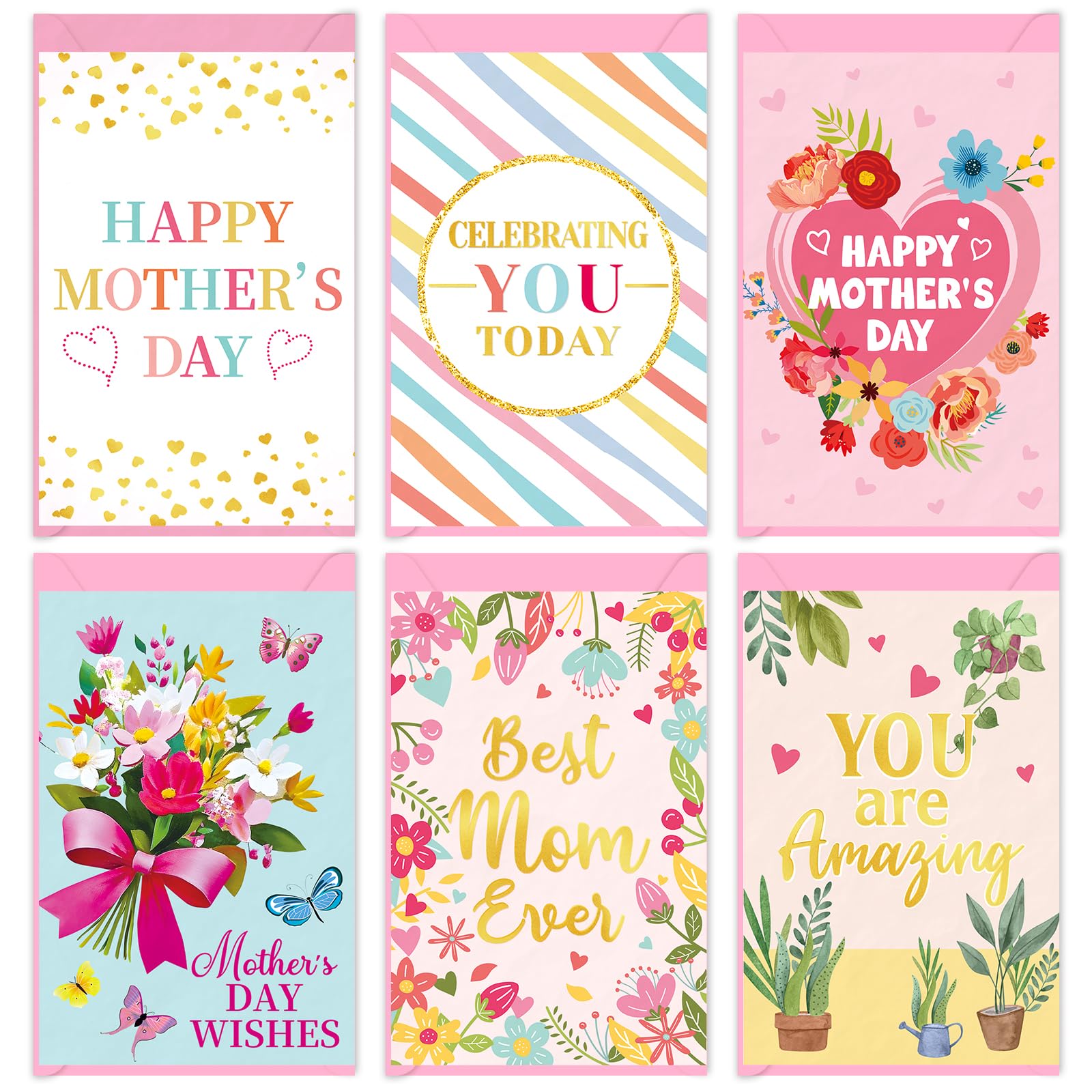 YQUQWN Mothers Day Cards Decorably Gold Foiled and Textured Happy Mothers Day Card Set with Floral Designs Gift Cards for Mom Wishes Printed Message