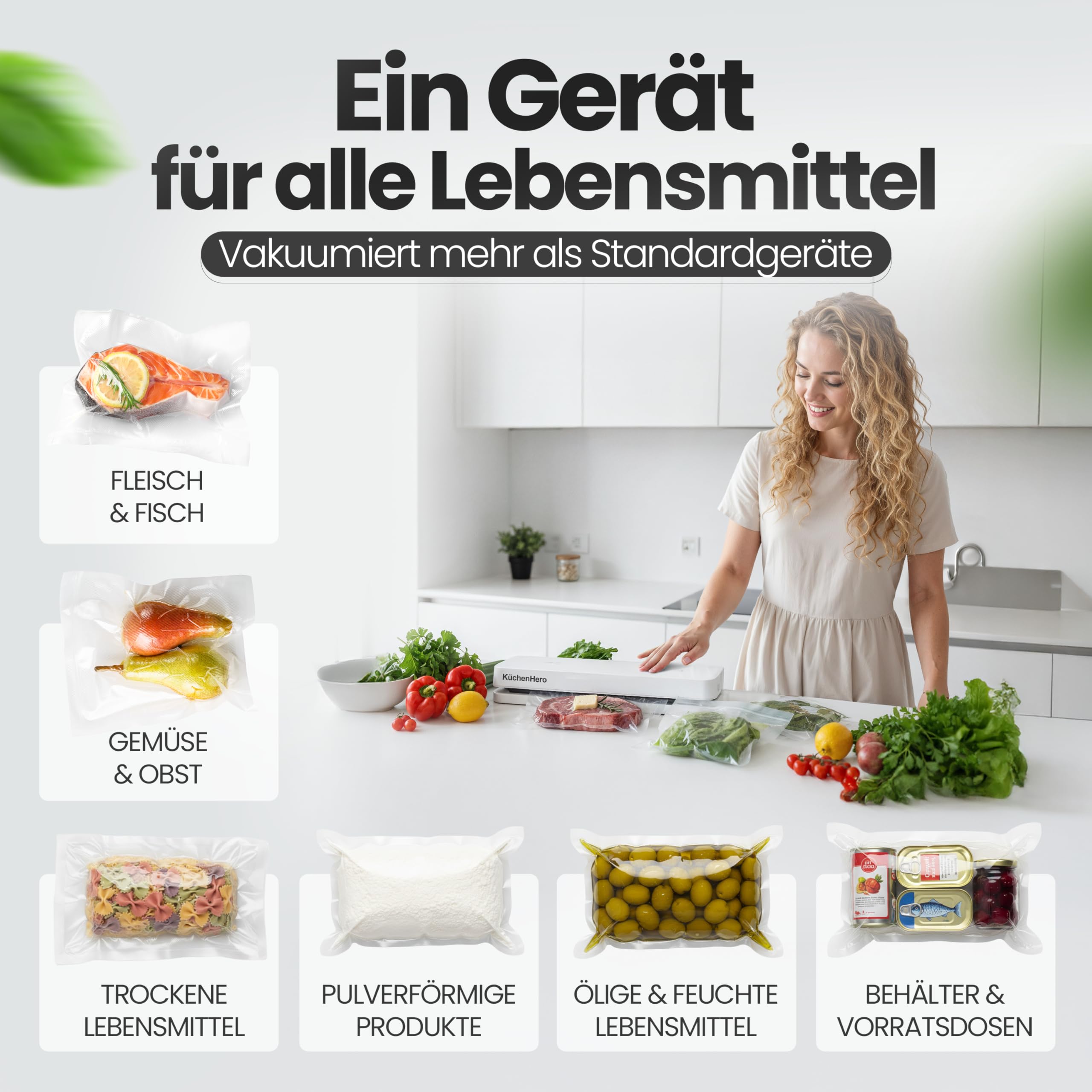 Vakuumierer mit Glasoberfläche & Touch – Premium Vakuumiergerät Weiß – Inkl. 10 Beutel & Schlauch – 5 Modi (Dry/Moist/Pulse) – Leises Folienschweißgerät für Sous Vide & Lebensmittel