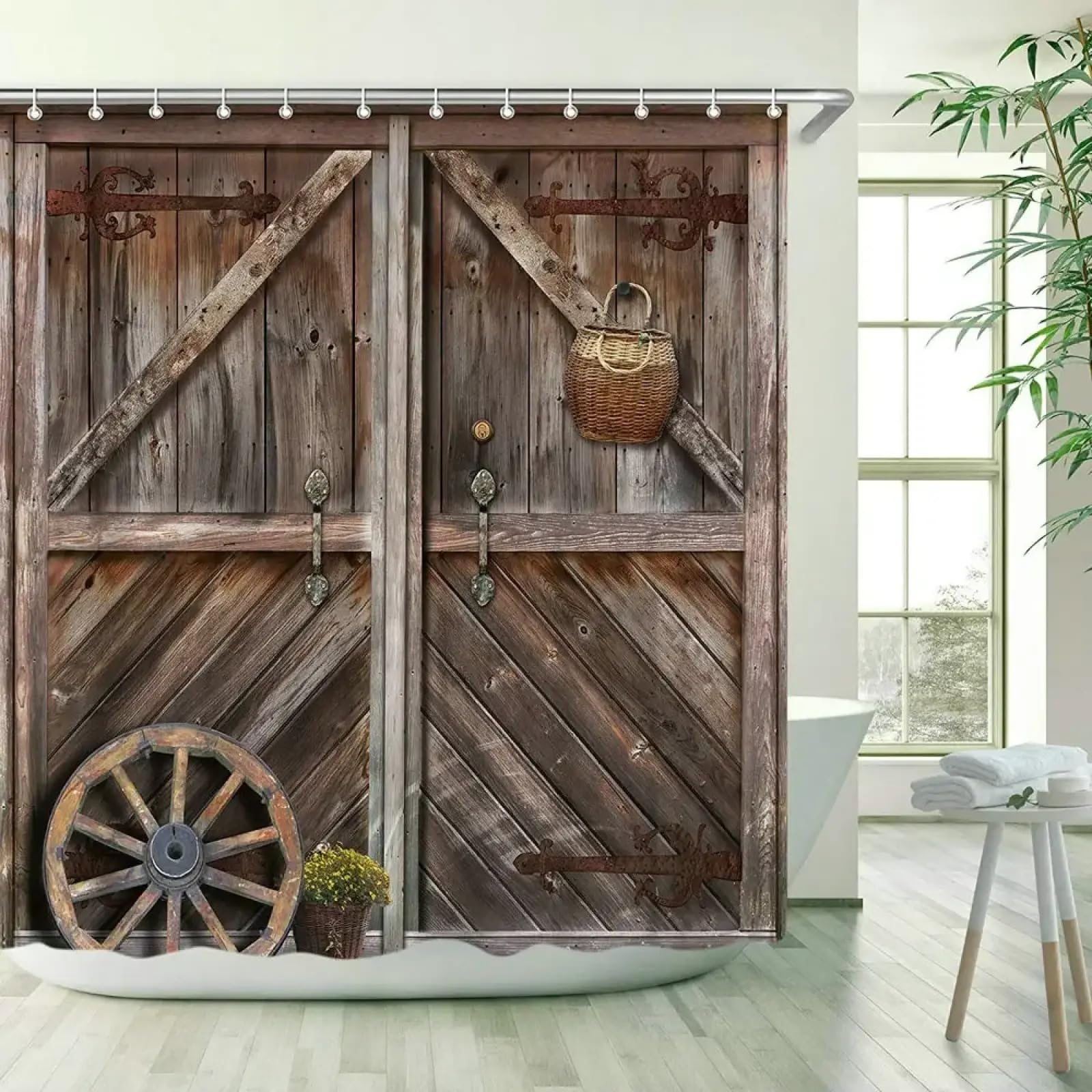 Rideau de douche vintage rustique 133x220 grand format avec crochets