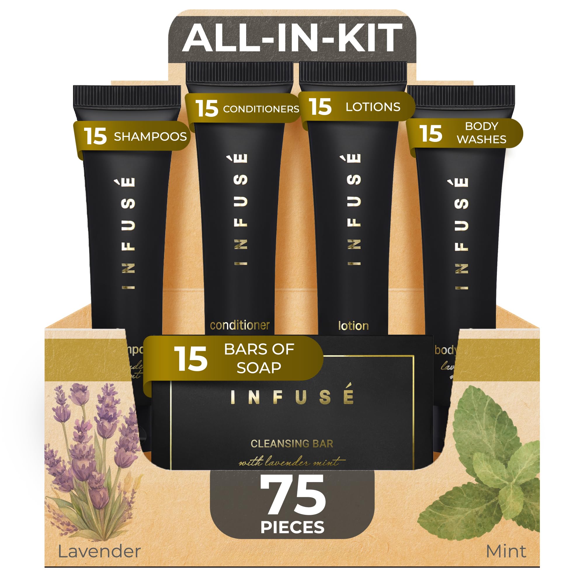 Infuse Black Soaps & Toiletries Bulk Set | 1-Shoppe Amenities Kit for Hotels & Vacation Rentals | 1 oz Shampoo, Conditioner, Body Wash, Lotion, 1.25 oz Cleansing Bar | 75 Pieces