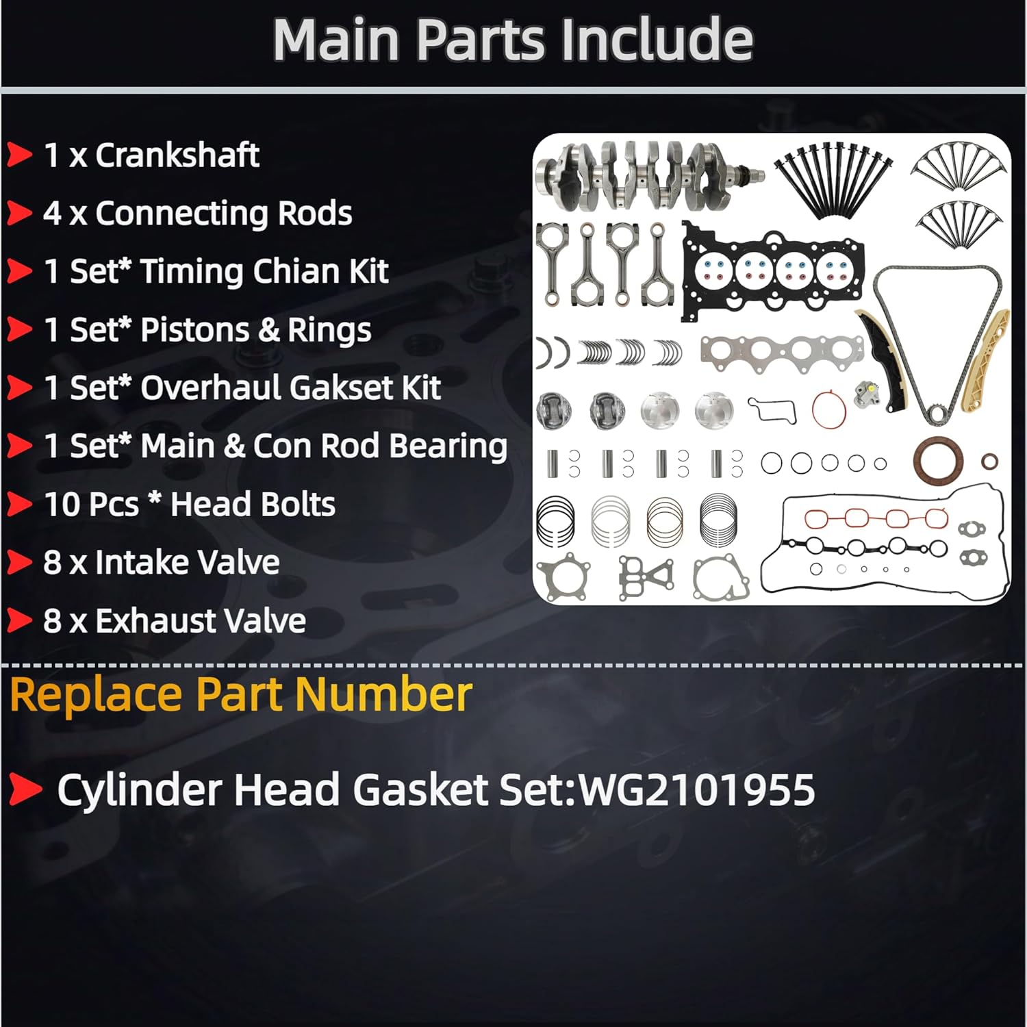 G4FJ 1.6 L Engine Overhaul Rebuild Kit w/Crankshaft Head Gasket Set Connecting Rod Piston Kit Timing Chain Kit Fit For Hyundai Sonata Veloster Tucson Kia Soul Forte Optima 1.6L 2011-2022 23110-2b710
