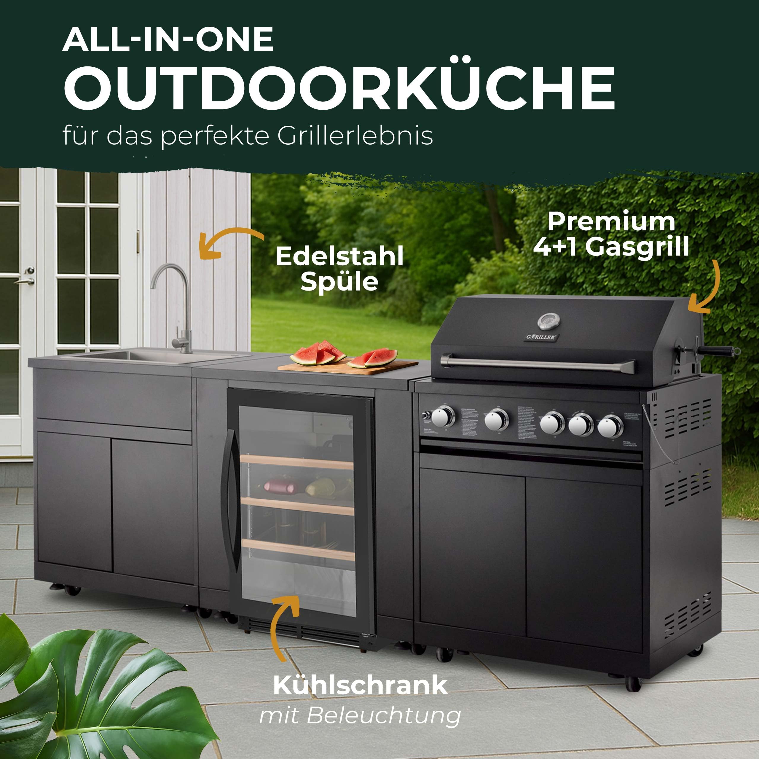 Serie BBQTitan 292x66x129cm 4 fuochi + fornello posteriore (incl. girarrosto, illuminazione interna e copertura)