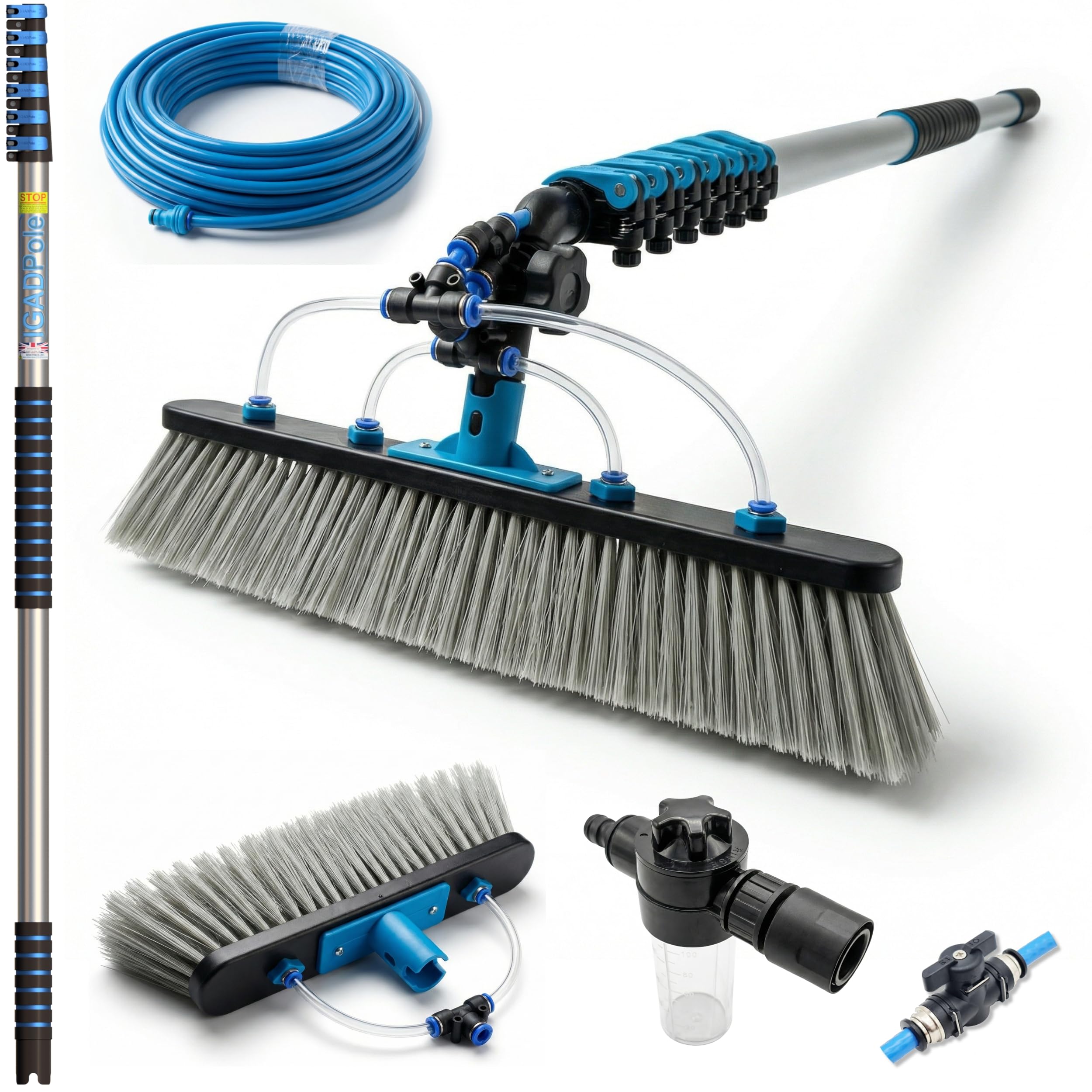 IGAD Solar Panel and Window Cleaning Kit with 24ft Extendable Pole, 2 Water Fed Brushes, 33ft Hose, Blue, 16 Inches, Nylon, Aluminum