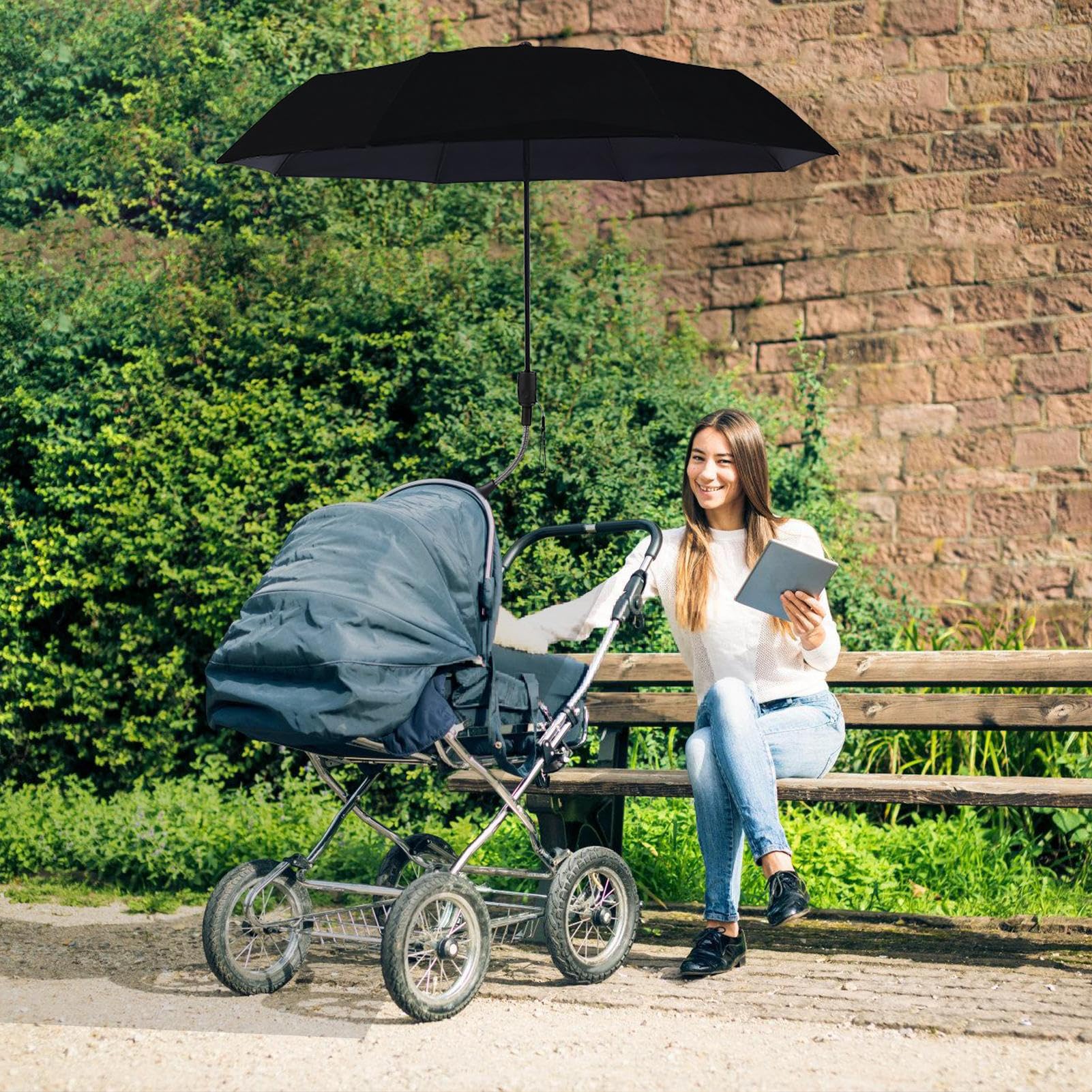 Adattatore per ombrellone per passeggino, con protezione UV, girevole a 360°, compatto, per vacanze in spiaggia, viaggi e passeggini