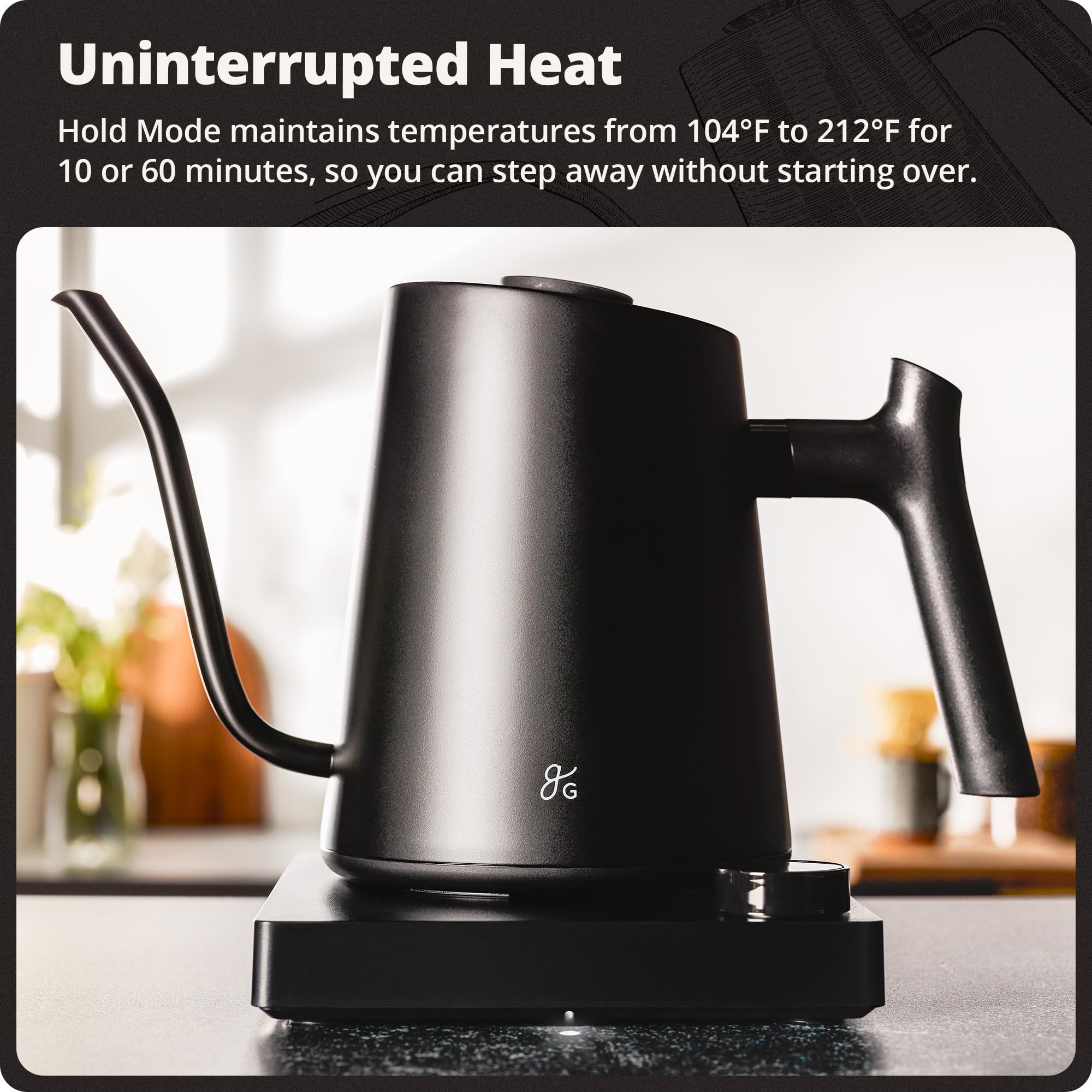 Greater Goods - Bollitore elettrico a collo di cigno in acciaio inox da 1200 W, con controllo di precisione della temperatura, ebollizione rapida, senza BPA, ideale per versare caffè e tè, 0,8 l (nero