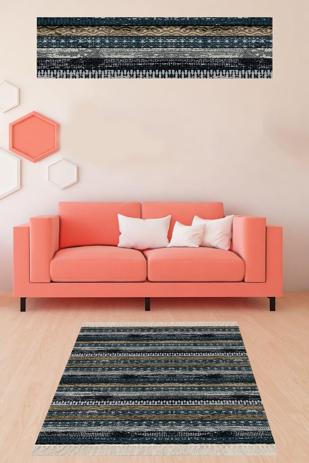 Pelangi Kilim Desenli Etnik Dijital Baskı Yıkanabilir Kaymaz Taban Modern Salon Halı ve Yolluk, Haki-İndigo 120 x 160