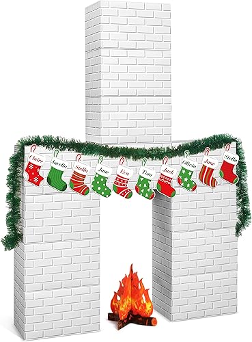 Miniatura 1 de 34 chimeneas de cartón de Navidad 3D de 39 x 59 pulgadas, chimenea artificial de Navidad con medias de llama de fuego 3D, guirnalda de pino, telón