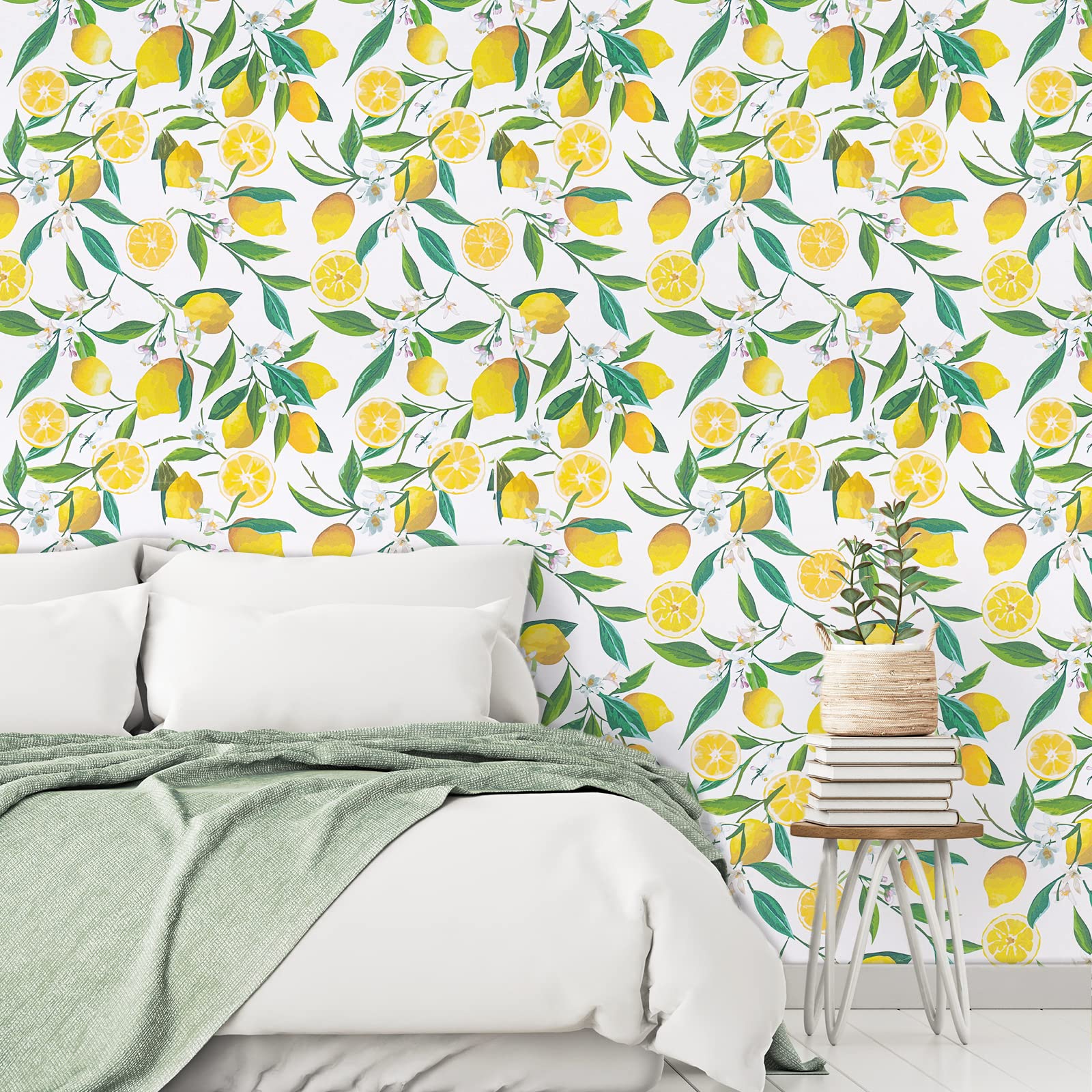VEELIKE Papel Pintado Flores Limón Amarillas 44.5×900cm Papel Autoadhesivo Pared Floral Papel Pared Hojas Tropicales Fotomurales Decorativos Pared Cocina Lavable Papel Tapiz Baño Dormitorio Armarios