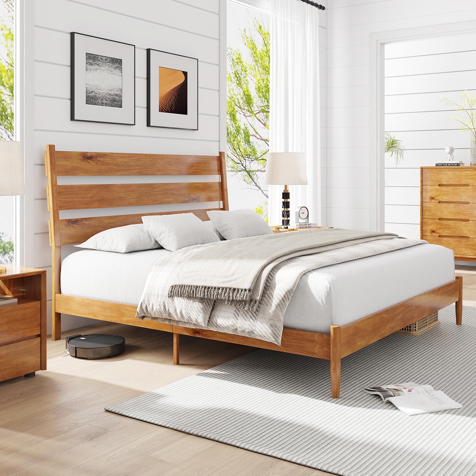 Solid Wood Bed Frame with Ergonomic Headboard, Full Size Mid Century Wooden Platform Bed with Wood Slats & Metal Foundation Support, Non-Slip & Noise-Free, Easy Assembly, Caramel