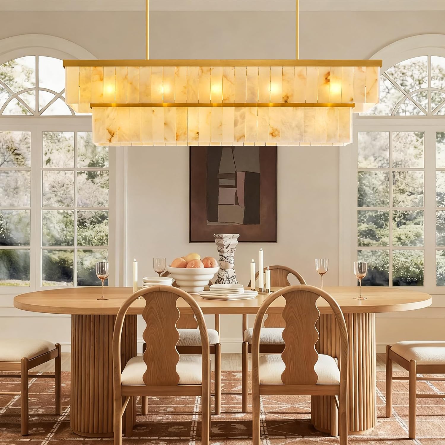 Rectangle Alabaster Chandelier, L54 Brass Linear Chandeliers Over Table Pendant Light Modern Mrable Rectangular Chandelier for Kitchen Island Dining Room Living 2-Tier Gold(Include 16 Bulbs)
