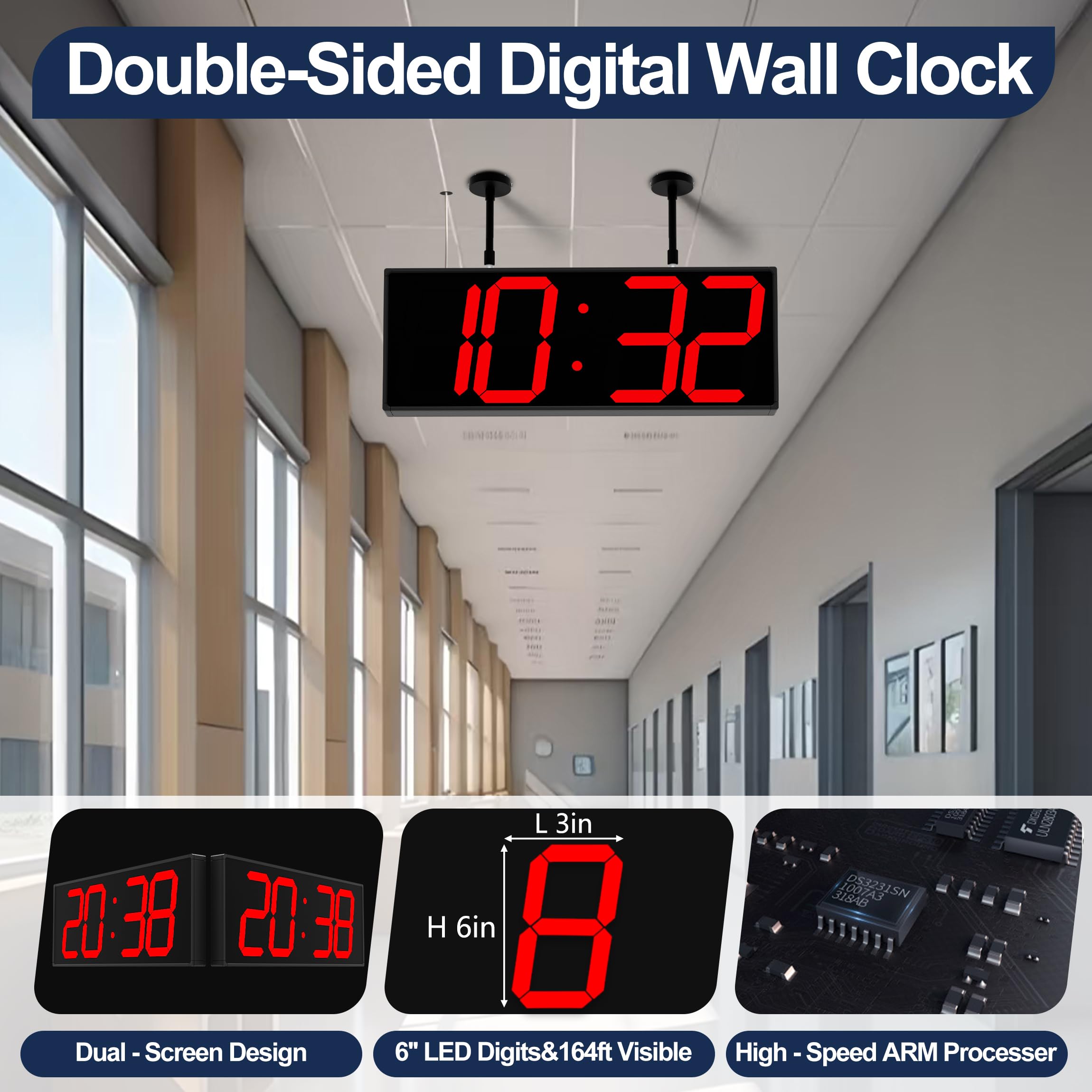CHKOSDA Orologio Digitale Grande Display 19" con Telecomando, Orologio Bifacciale, Design Sospeso per Ospedali, Fabbriche, Aeroporti.