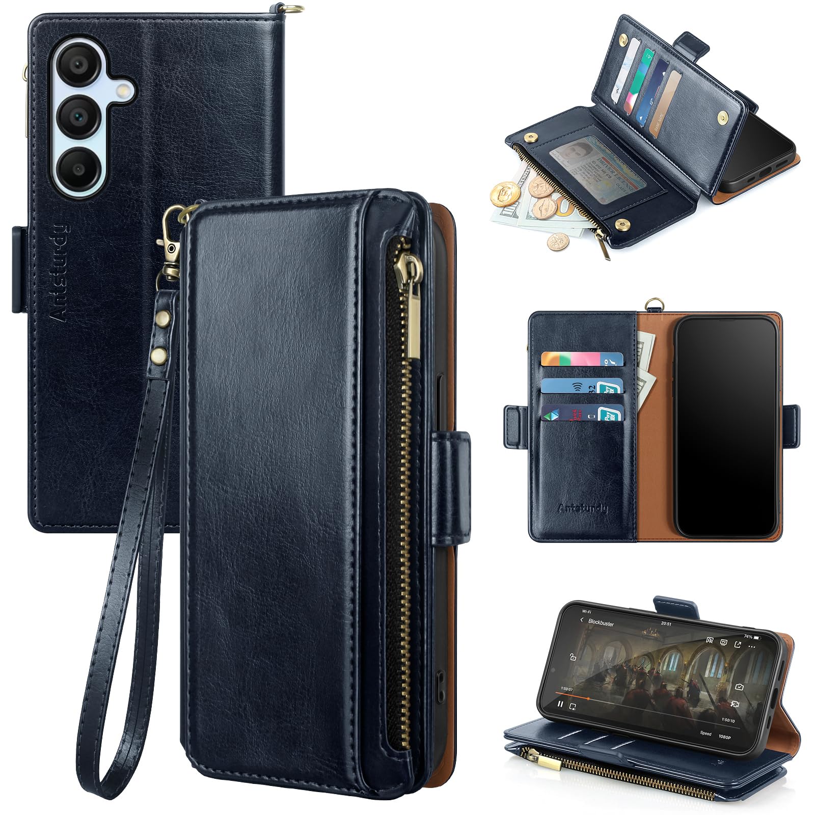 Antsturdy Compatible with Samsung Galaxy A15 5G Case Wallet with Card Holder Women Men Phone Case RFID Blocking PU Leather Flip Shockproof Cover with