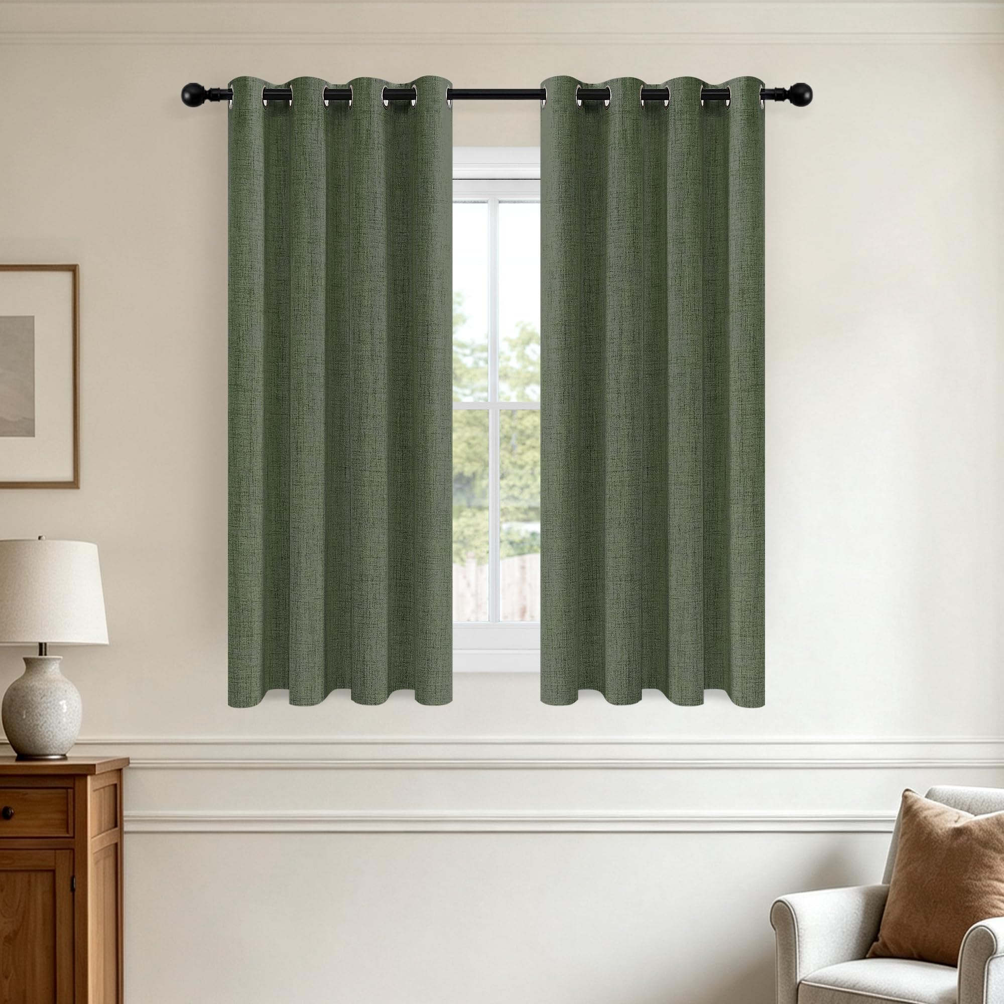 XiDi Green Bedroom Curtains 63 Inches 100% Blackout Linen Look Thermal Insulated Nursery Eyelet Drapes with Coating 2 Panels Dark Green52/63