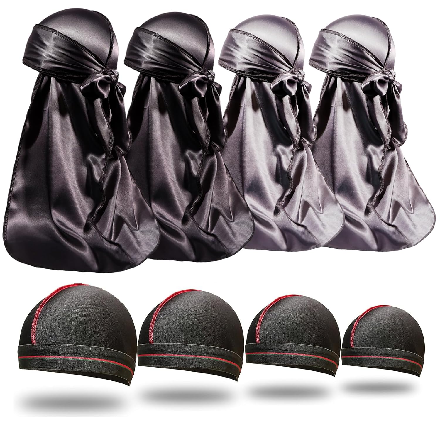 ForceWave 8PCS Silky Durag Men Wave Cap Long Tail Do rag for 360 Wave Dew Rag Packs