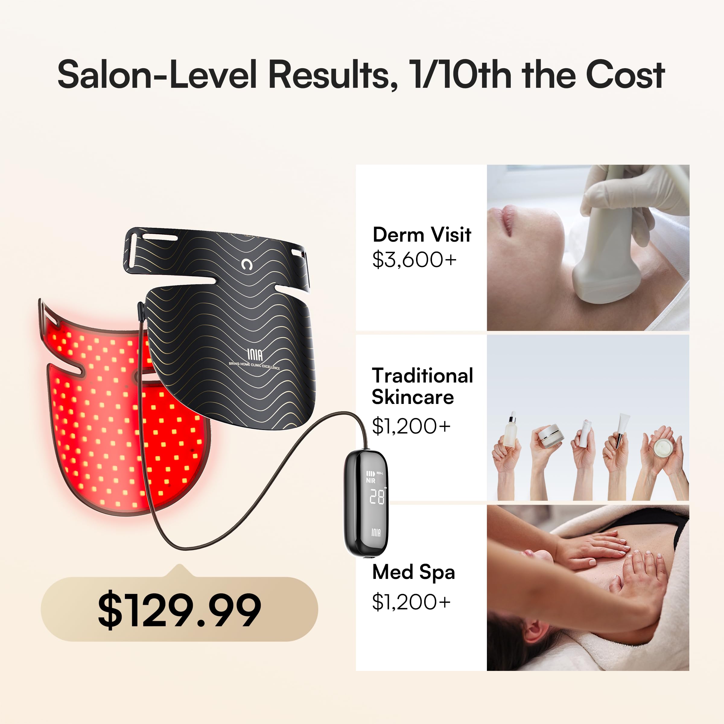 INIA Red Light Therapy Mask for Neck & Décolleté – 850nm NIR + 3 Light Modes for Anti-Aging, Firming & Radiant Glow – Red Light Skincare Device with 2600mAh Rechargeable Controller, 228 LED Chips