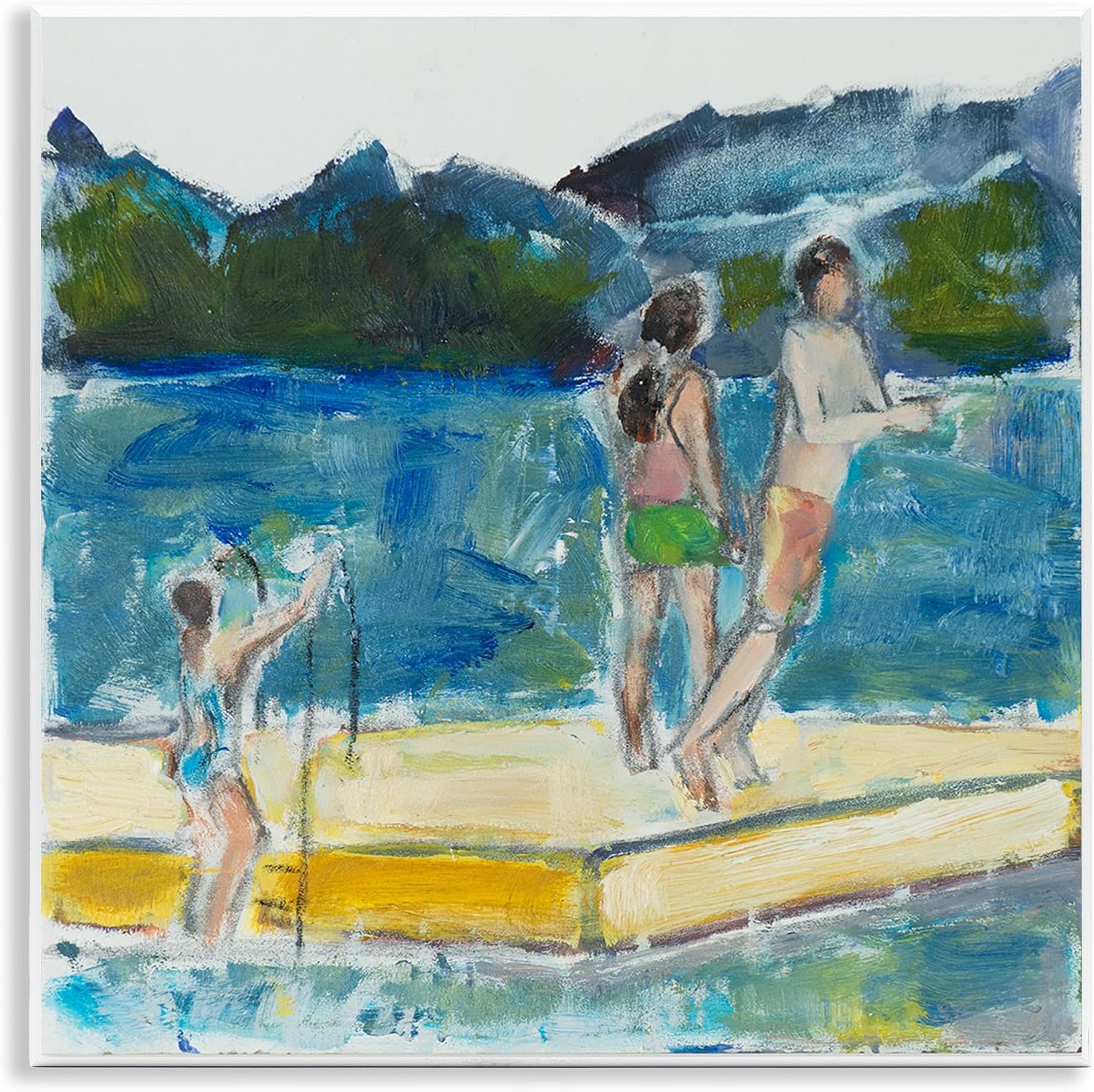 Stupell Industries Kids on Swimming Dock Abstract Contemporary Lake Scene, Designed by Susanne Marie Wall Plaque, 12 x 12, Blue