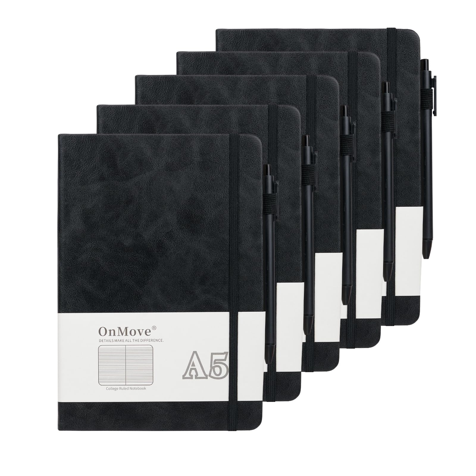 OnMove Notebooks Journal for Women Men 5 Pack Bulk Leather Hardcover with Pen Holder A5 160 Pages 100 GSM Thick Paper for Work School Lined Black