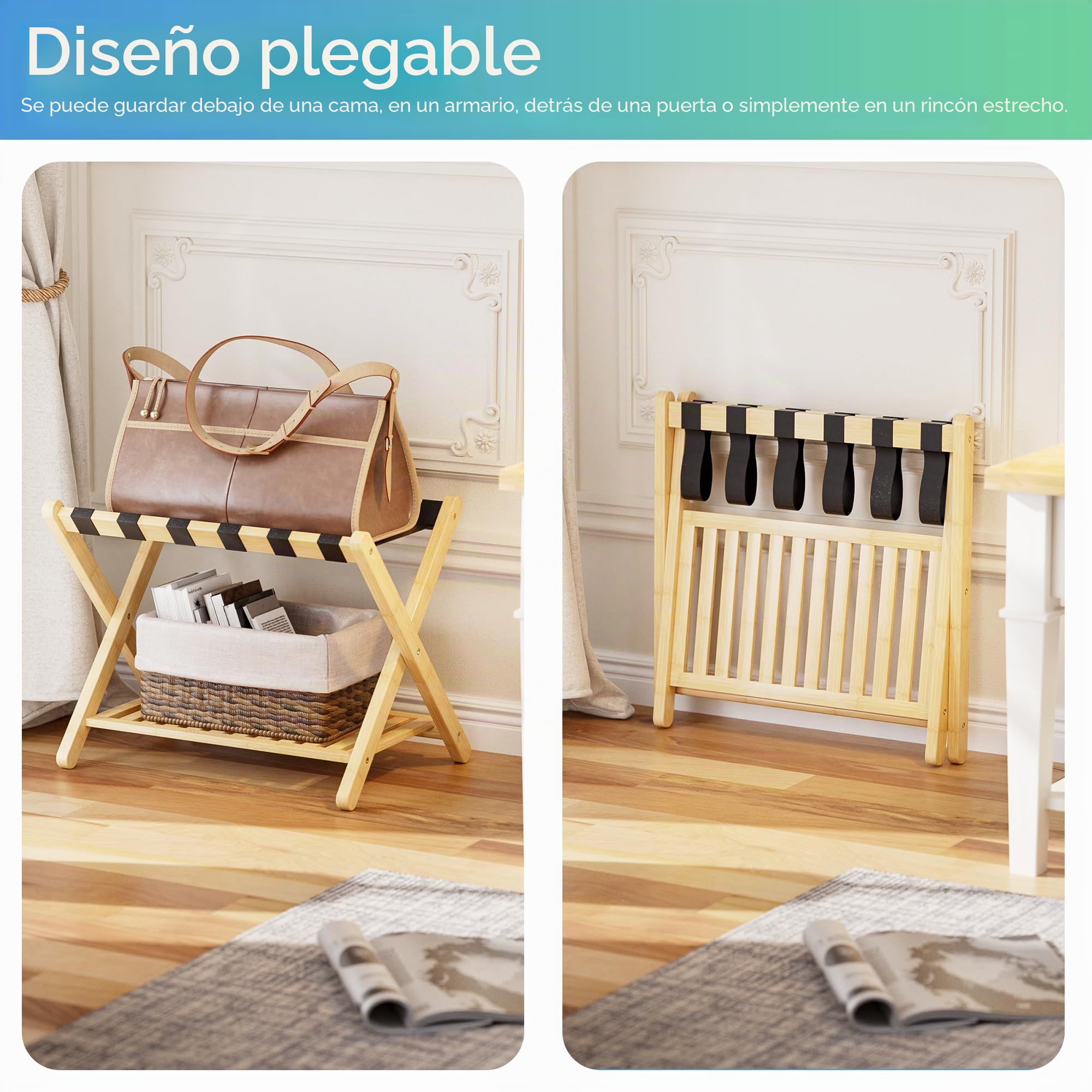 SMIBUY portaequipajes, plegable para maleta de bambú con estante de almacenamiento para habitación, dormitorio, hotel, servicio pesado (natural y negro)